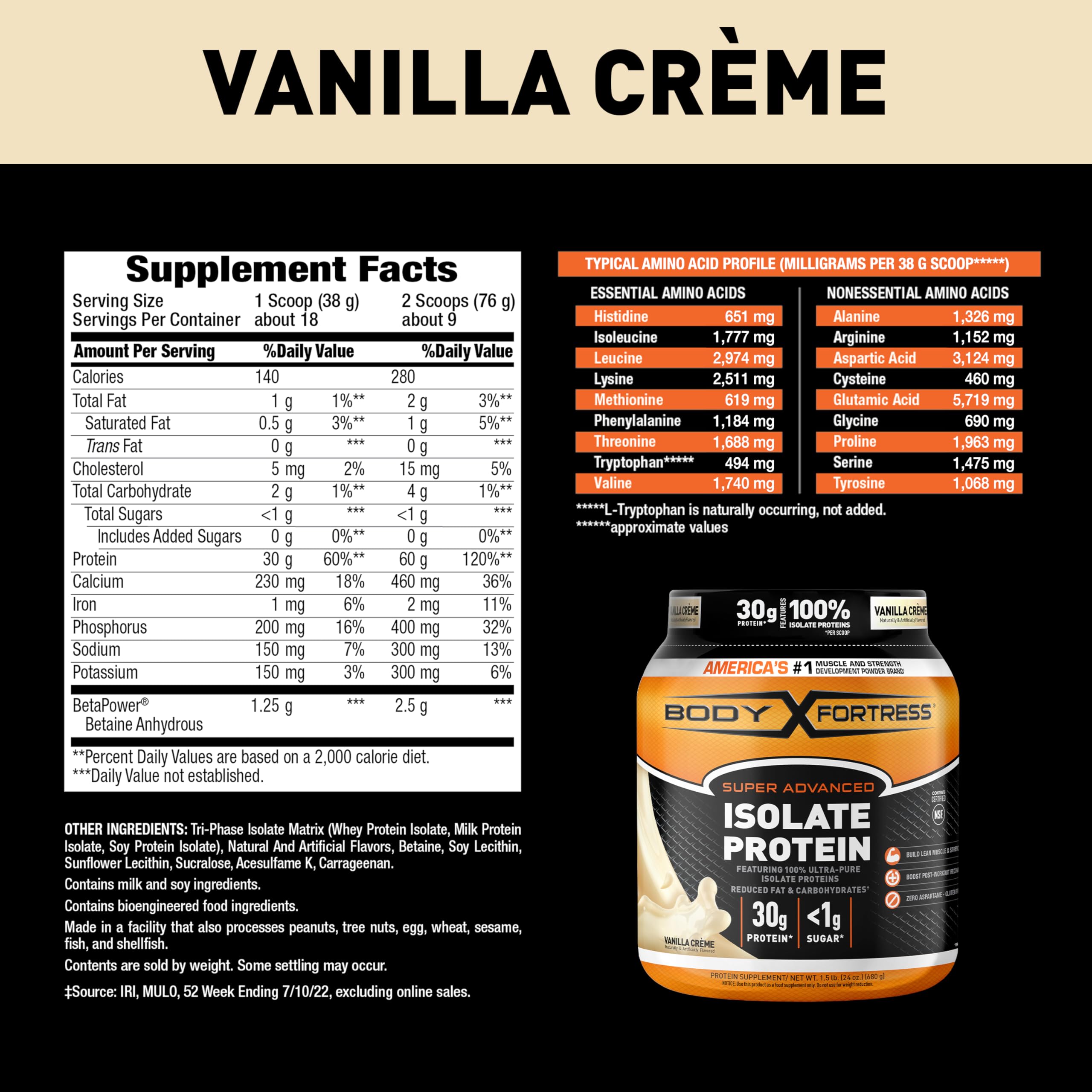 Body Fortress Super Advanced Isolate Protein Powder, Gluten Free, Vanilla Creme Flavored Body FortressUS supplements