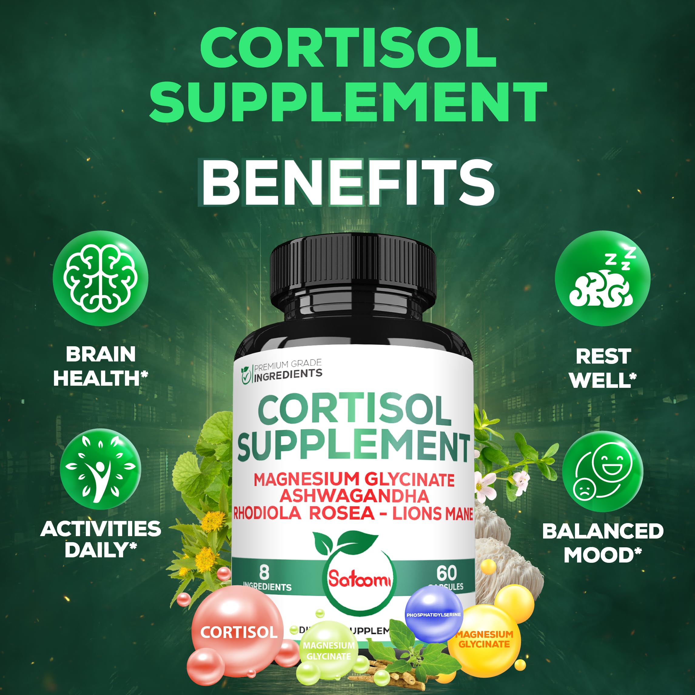 Satoomi 8in1 Cortisol Manager with Magnesium Glycinate, Ashwagandha, Rhodiola Rosea, Lions Mane & More - Cortisol Reducer Supplement Men & Women - 60 Capsules SatoomiAu supplements
