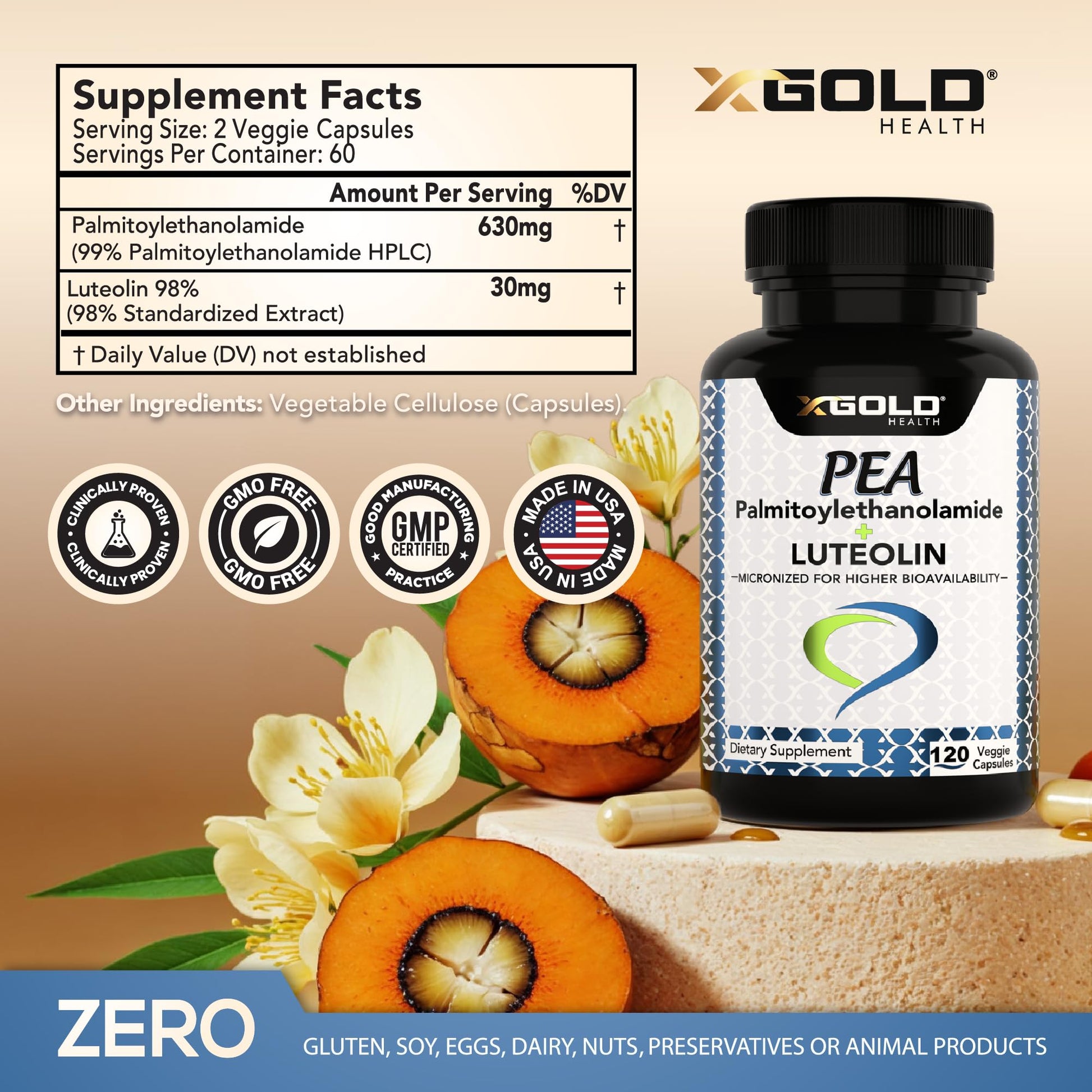 Palmitoylethanolamide 630 mg + Luteolin Standardized 98%- Micronized Pea 99% Highly Purified and Bioavailable - Made in USA - Supplement for Men and Women - 120 Veggie Capsules X Gold HealthAu supplements