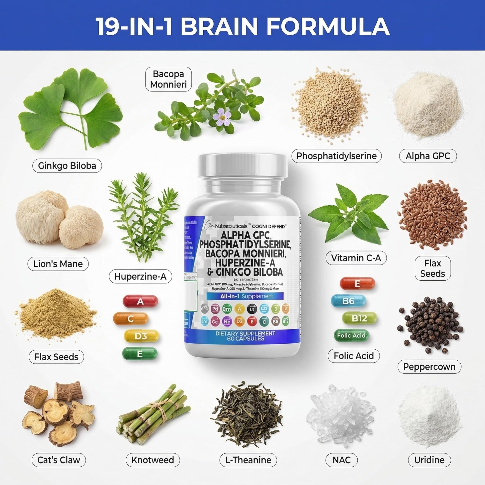 Brain Supplement Alpha GPC 300mg Phosphatidylserine Bacopa Monnieri Ginkgo Biloba Lions Mane Huperzine A L-Theanine NAC Nootropic Memory Focus Cognitive Support Vitamins B C D E 60 Capsules USA Clean NutraceuticalsAu supplements