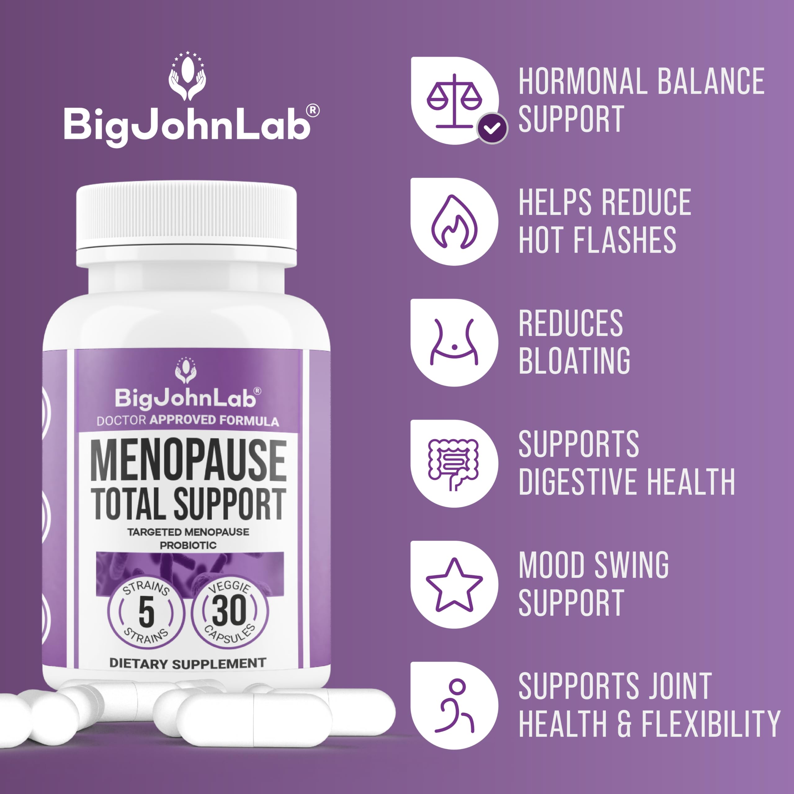 BIGJOHNLAB® - Menopause Total Support – Advanced Probiotic Formula with 5 Strains & 15 Billion CFU, Resveratrol, Black Cohosh, Acacia Fiber, Non-GMO & 100% Vegetarian BIGJOHNLABAu supplements