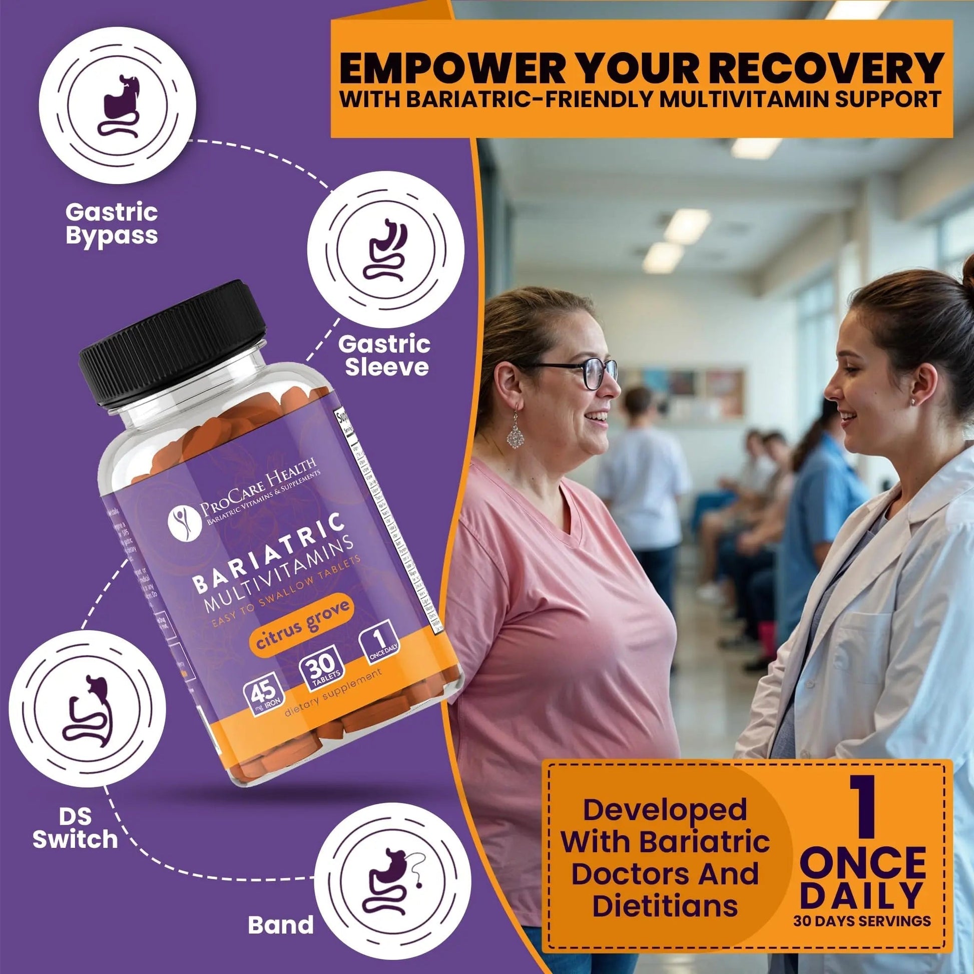 Procare Health Bariatric Multivitamin with Iron 45mg Easy to Swallow 30 Tablets - Post Op Bariatric Vitamins for Gastric Bypass Pills ProCare HealthAu supplements