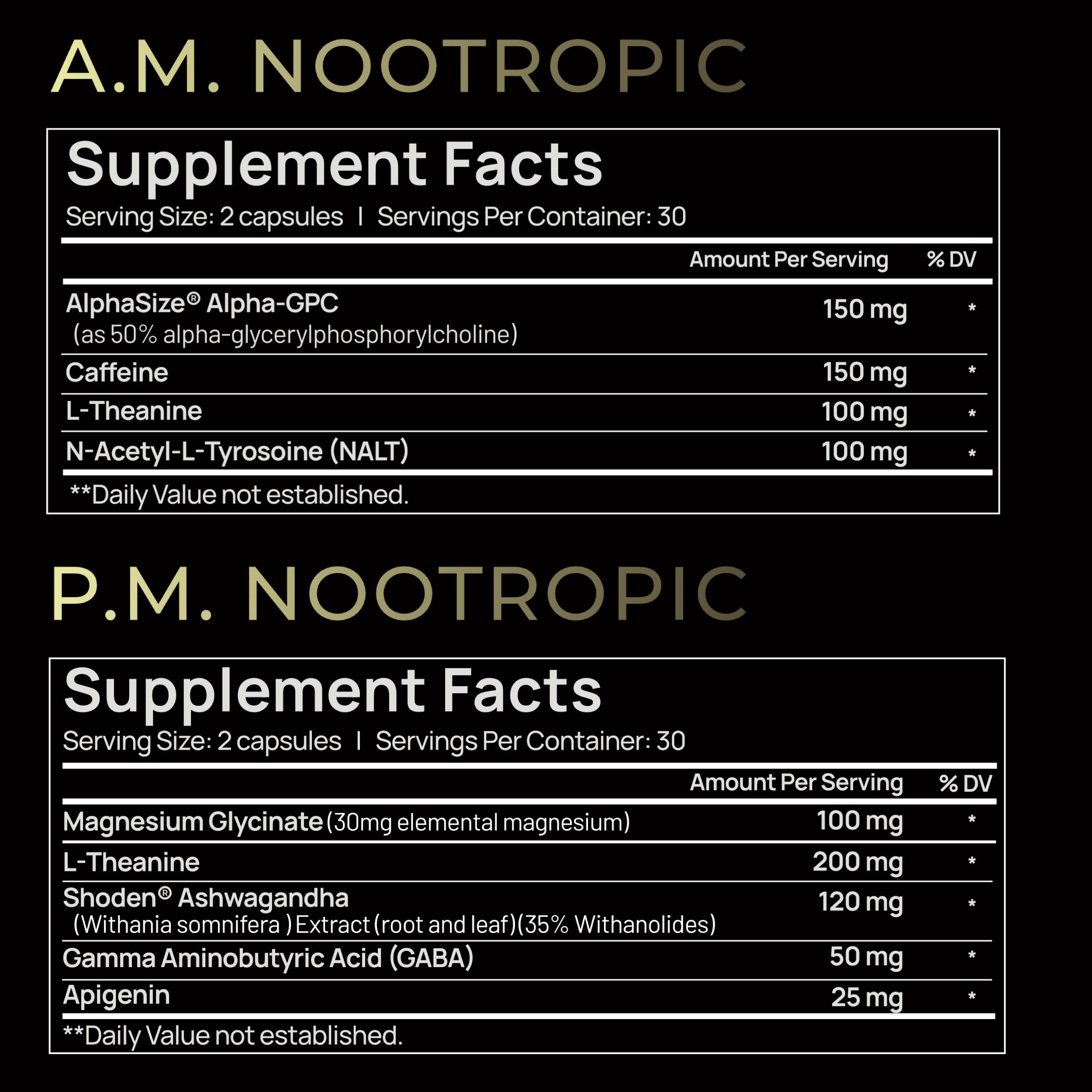 AMPM Nootropic Total Focus + Calm 9X Strength w. Caffeine, L-Theanine, Alpha GPC, L-Tyrosine, Ashwagandha - X-Release Energy Pills Nootropics Brain Support Supplements for Memory and Focus Supplement TERRA ELMNTAu supplements