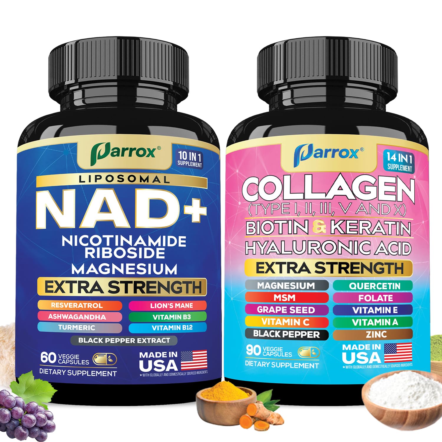 Parrox Forever Young Set with Liposomal NAD, Nicotinamide Riboside, Magnesium, Resveratrol, Lion's Mane, Collagen Peptides Types I, II, III, V and X, Biotin & Keratin, Hyaluronic Acid, Zinc, Quercetin ParroxAu supplements