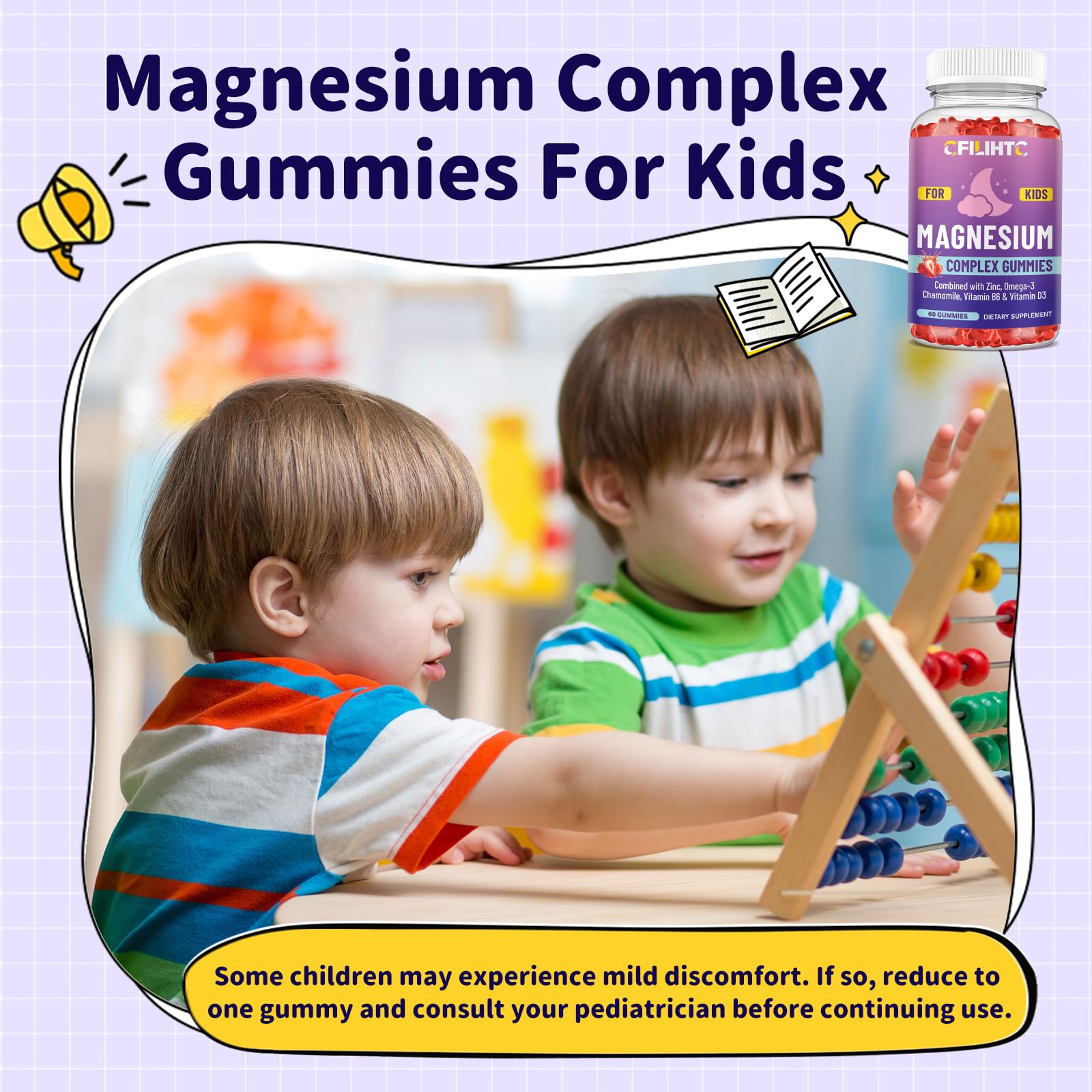 Kids Magnesium Gummies-Magnesium Glycinate Gummies for Kids Supplement-w/Zinc, Chamomile, Omega-3, Vitamin B6, D3 - for Sleep, Relaxation, Brain, Bones, Children's Calm, Sugar Free Strawberry 60ct CFILIHTCAu supplements