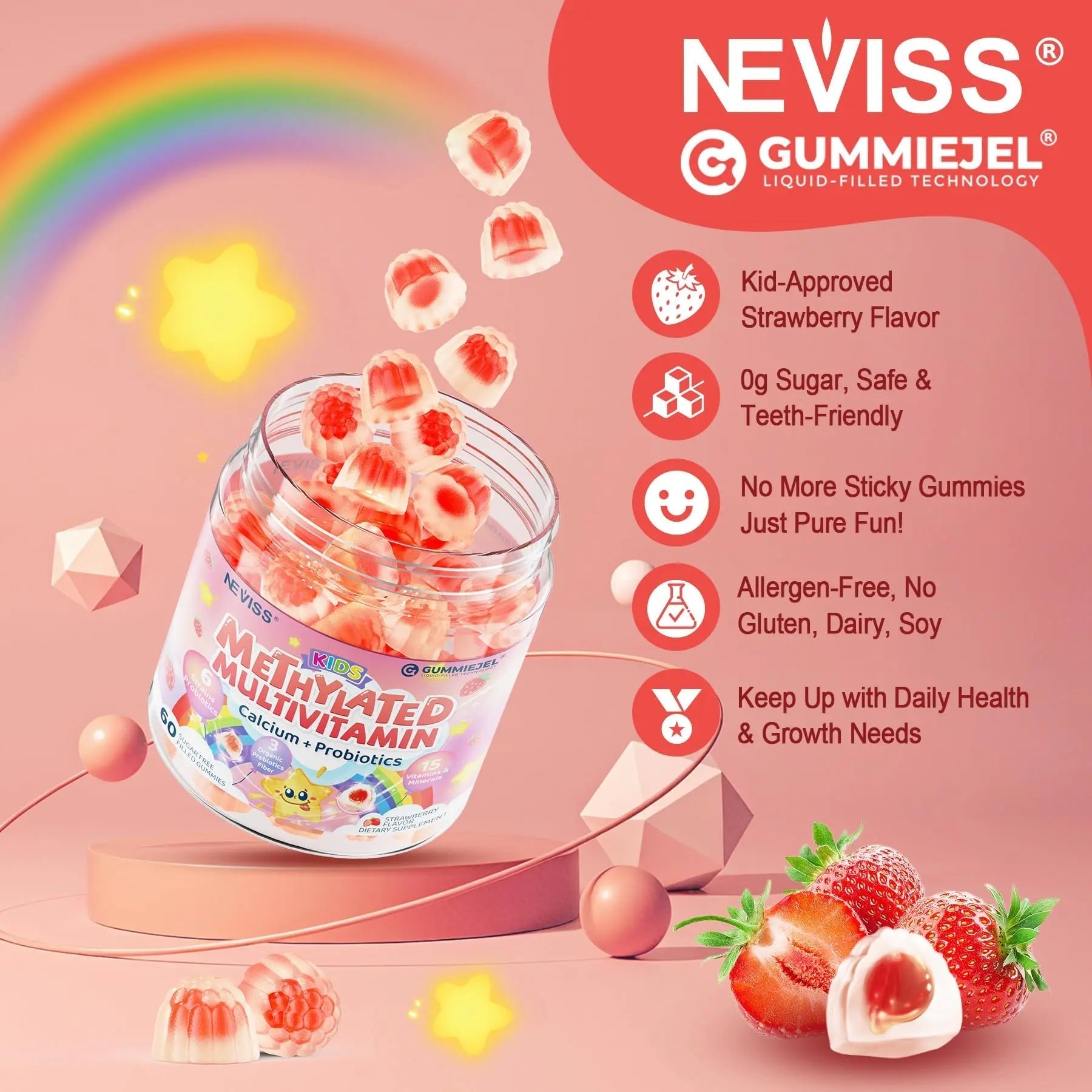 Kids Multivitamin Gummies + Calcium, Probiotics, Vitamin D3, C, Methylated B12 & Methylfolate, B6, A, K2, E, Zinc NEVISSAu supplements