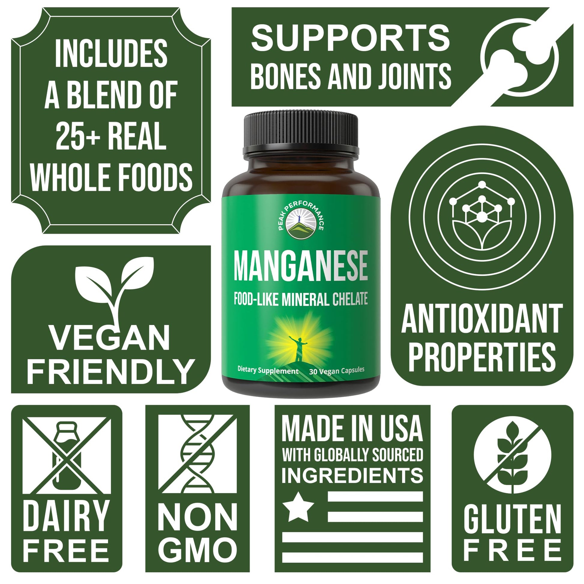 Manganese Supplement Food Like Mineral Chelated for Superior Absorption with Whole Food Blend of 25+ Fruits & Vegetables. Pure Trace Mineral Capsules for Connective Tissue, Bone Health, Enzyme Support Peak PerformanceAu supplements