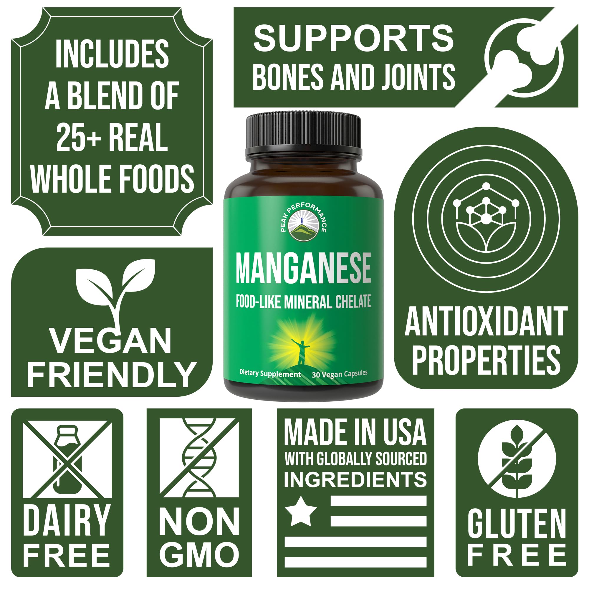 Manganese Supplement Food Like Mineral Chelated for Superior Absorption with Whole Food Blend of 25+ Fruits & Vegetables. Pure Trace Mineral Capsules for Connective Tissue, Bone Health, Enzyme Support Peak PerformanceAu supplements