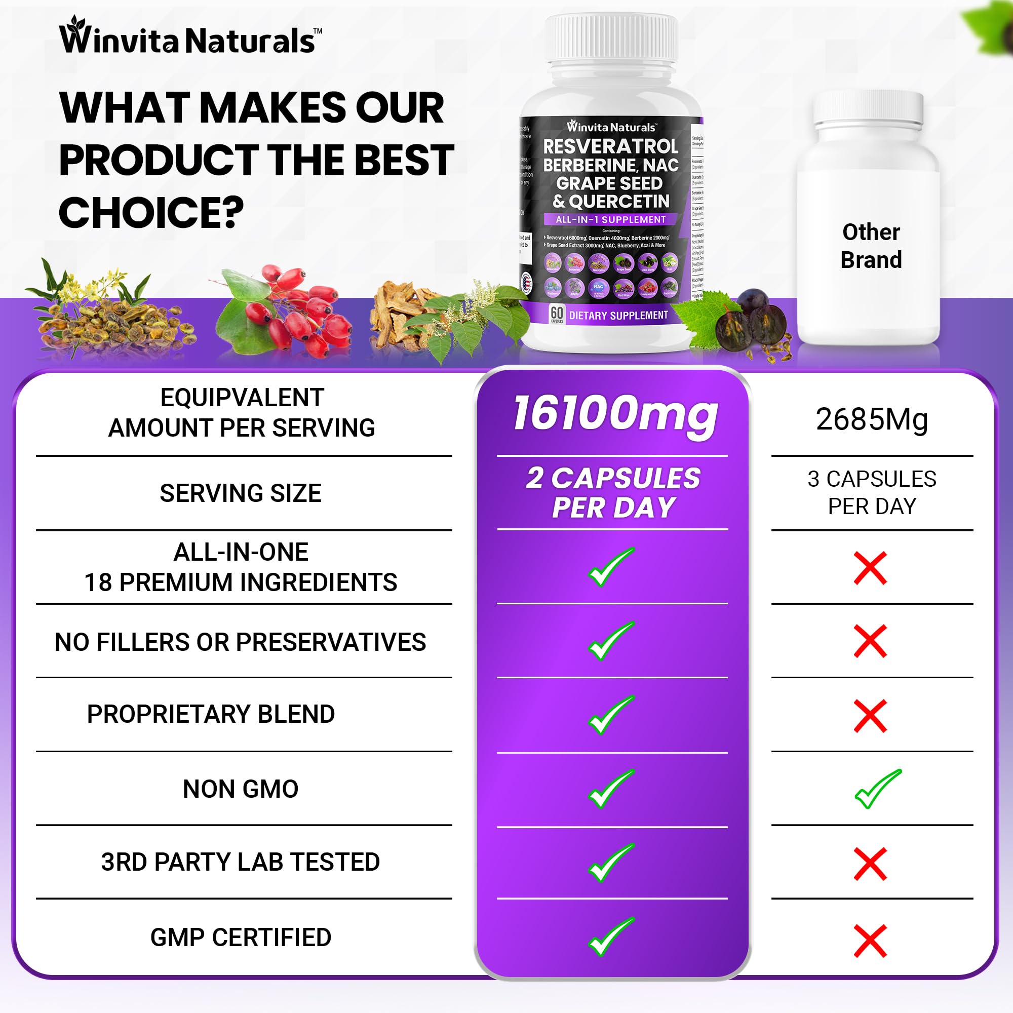 Resveratrol 6000mg Quercetin 4000mg Berberine 2000mg Grape Seed Extract 3000mg Winvita NaturalsUS supplements