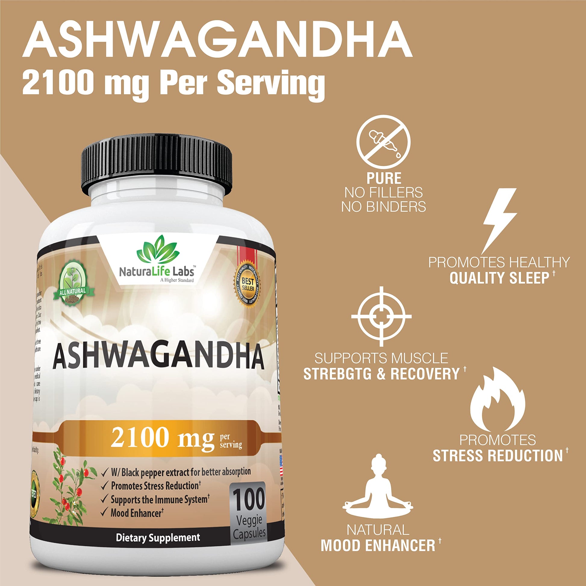 Organic Ashwagandha 2,100 mg - 100 Vegan Capsules Pure Organic Ashwagandha Powder NaturaLife Labs A Higher StandardUS supplements