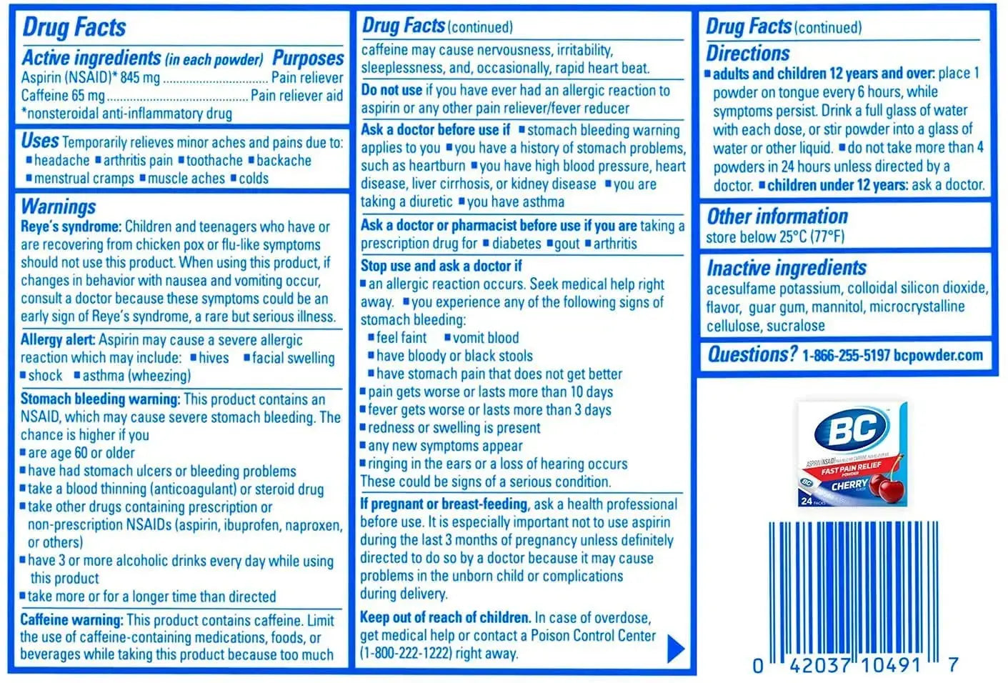 BC Powder Pain Reliever, Cherry Flavor Aspirin Dissolve Packs, 24 Count Powder Packets (6 Pack) BCAu supplements