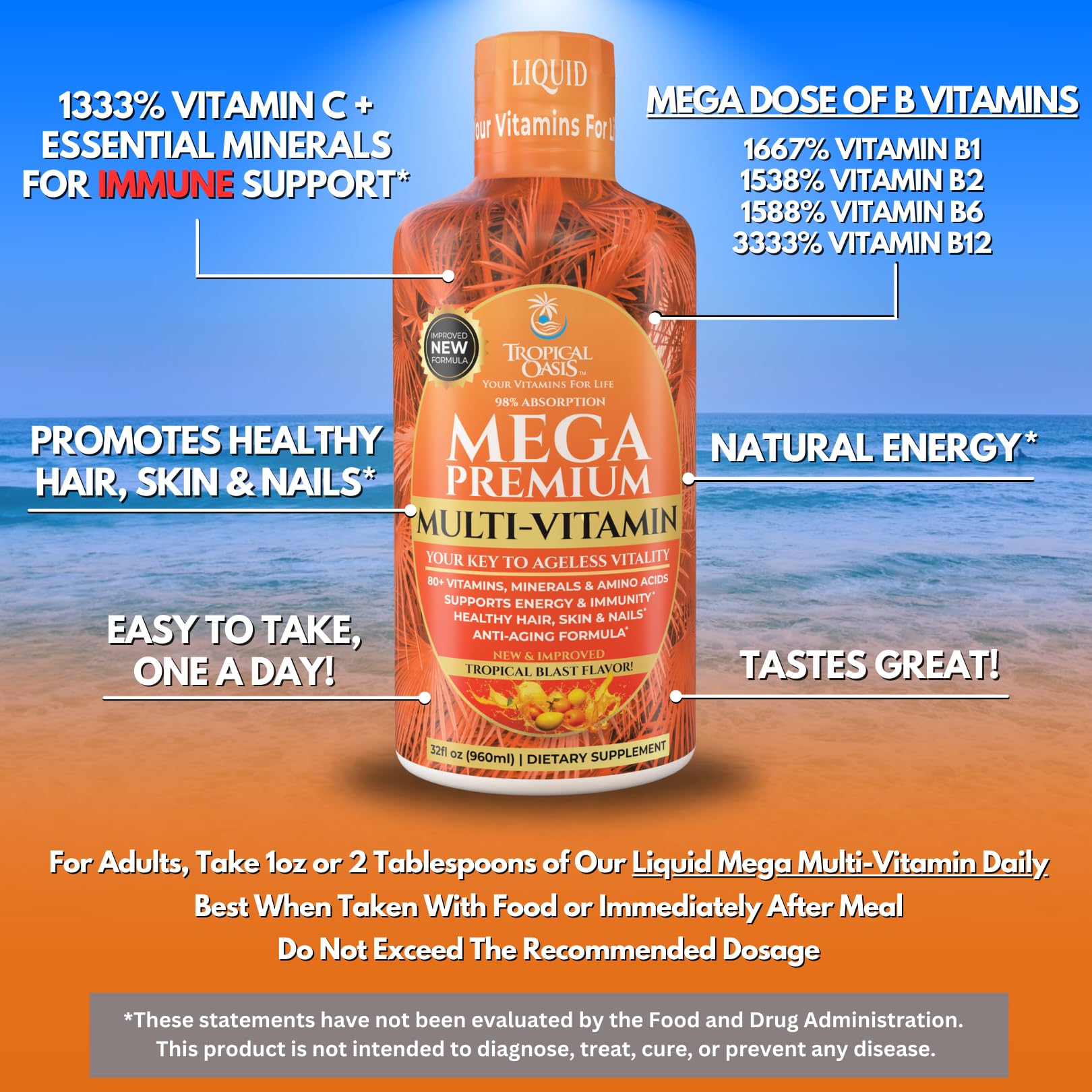 Mega Premium Liquid Multivitamin | Natural Immune Support Vitamin w/ 1333% Vitamin C, 200% D3, Zinc + 20 Vitamins, 70 Minerals, & 21 Amino Acids | Sugar Free | Orange Flavor | 98% Absorption | 32 Serv Tropical OasisAu supplements