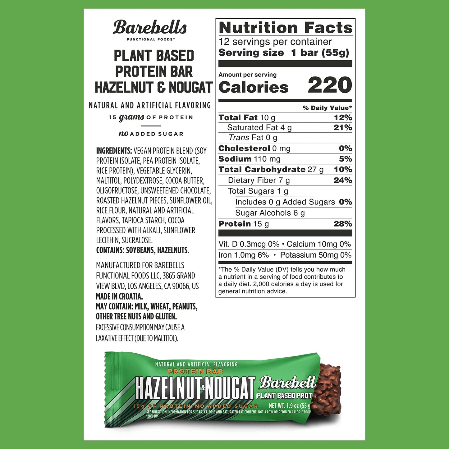 Barebells Vegan Protein Bars Hazelnut & Nougat - 12 Count, 1.9oz Bars - Features Plant BAREBELLSUS supplements