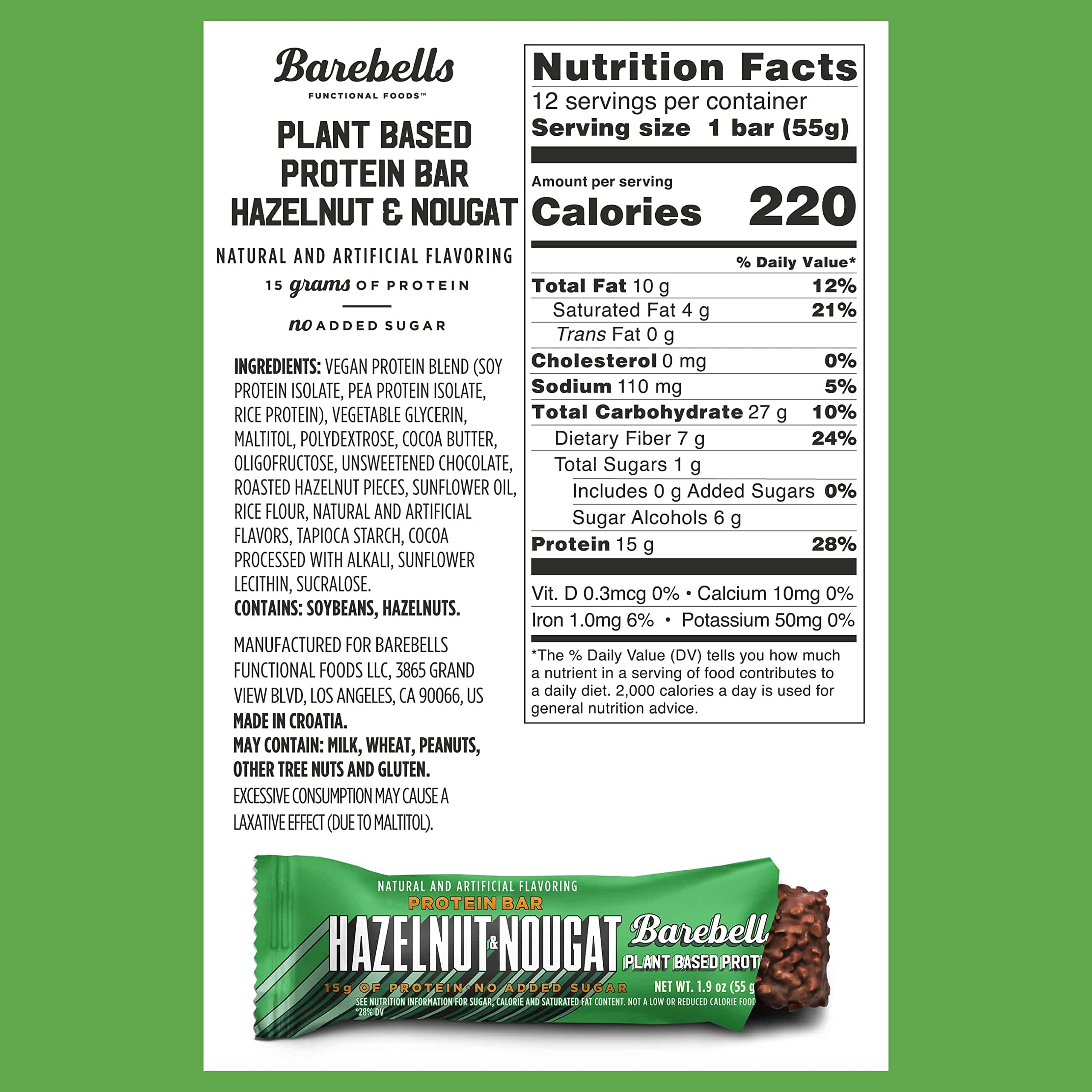 Barebells Vegan Protein Bars Hazelnut & Nougat - 12 Count, 1.9oz Bars - Features Plant BAREBELLSUS supplements