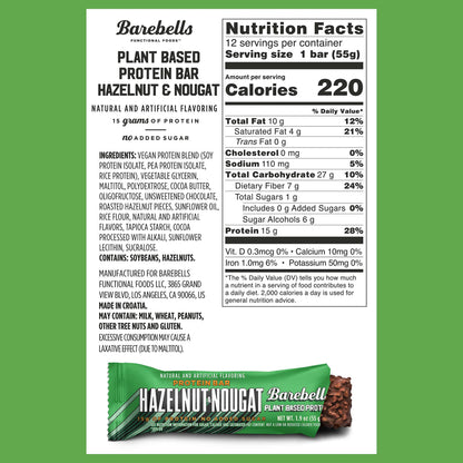 Barebells Vegan Protein Bars Hazelnut & Nougat - 12 Count, 1.9oz Bars - Features Plant BAREBELLSUS supplements