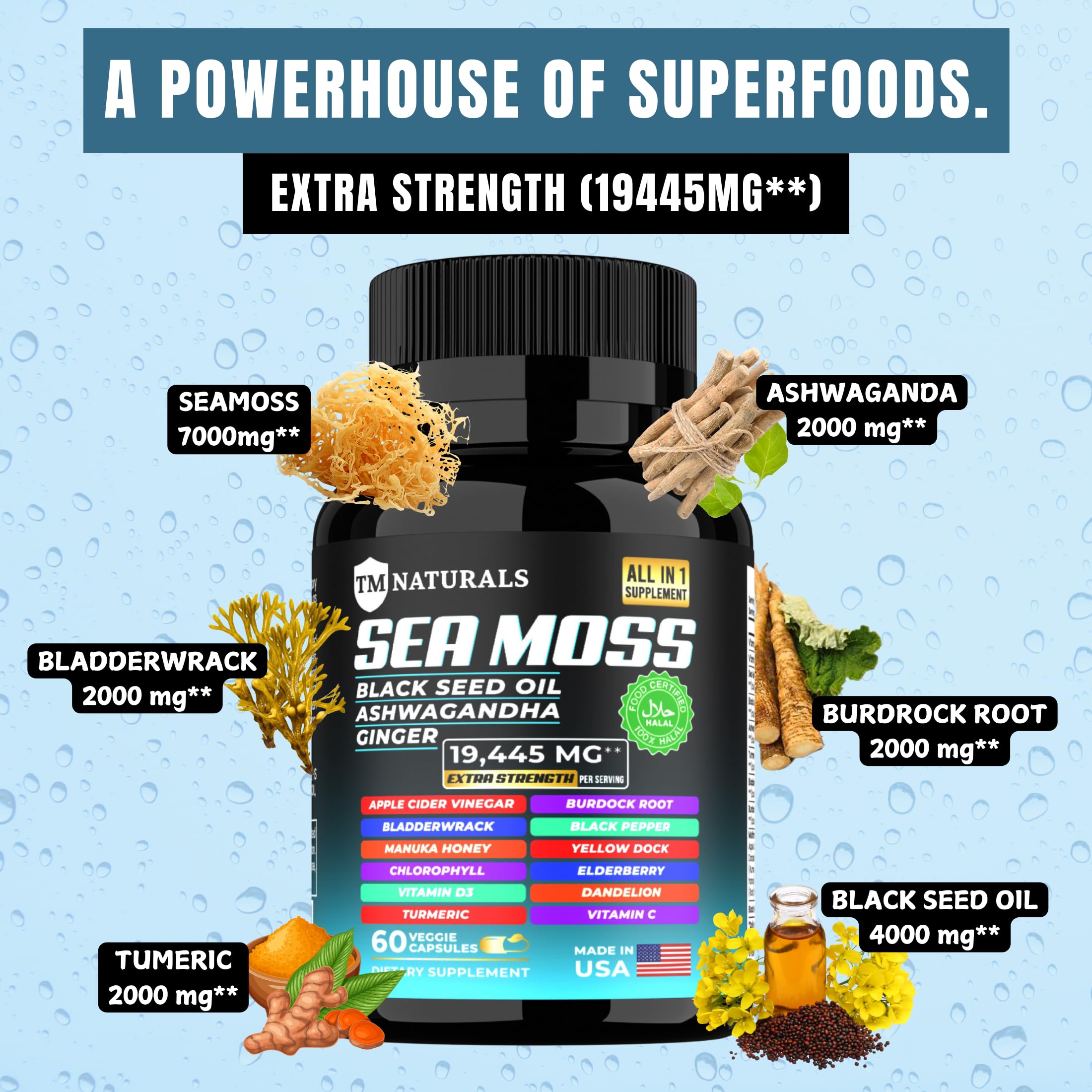 TM NATURALS Sea Moss with Black Seed Oil, Vitamin C, Ashwagandha and Turmeric for Immune Support & Energy - 60 Vegan Capsules + Free Pill Box TM NATURALSAu supplements