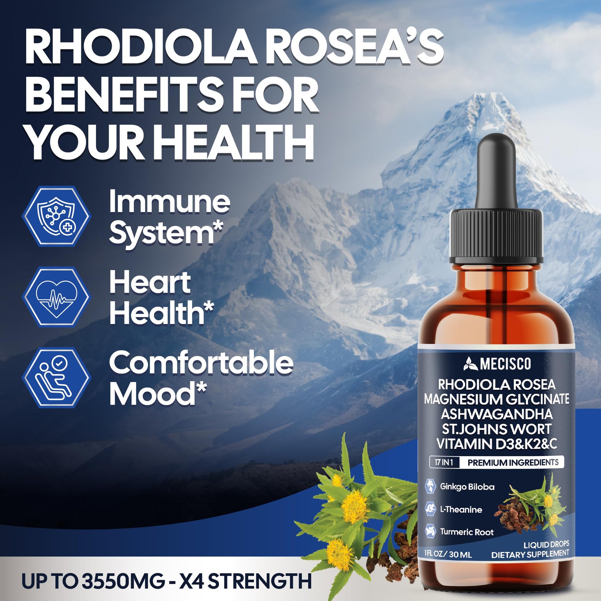 17in1 Rhodiola Rosea Liquid Drops with blend Ashwagandha Magnesium, L-Theanine. Ultra Strength Rhodiola Cortisol Supplement, Rhodiola Root for Support Relaxation, Mood, Energy - 1 FL Oz - 60 Day MeciscoAu supplements
