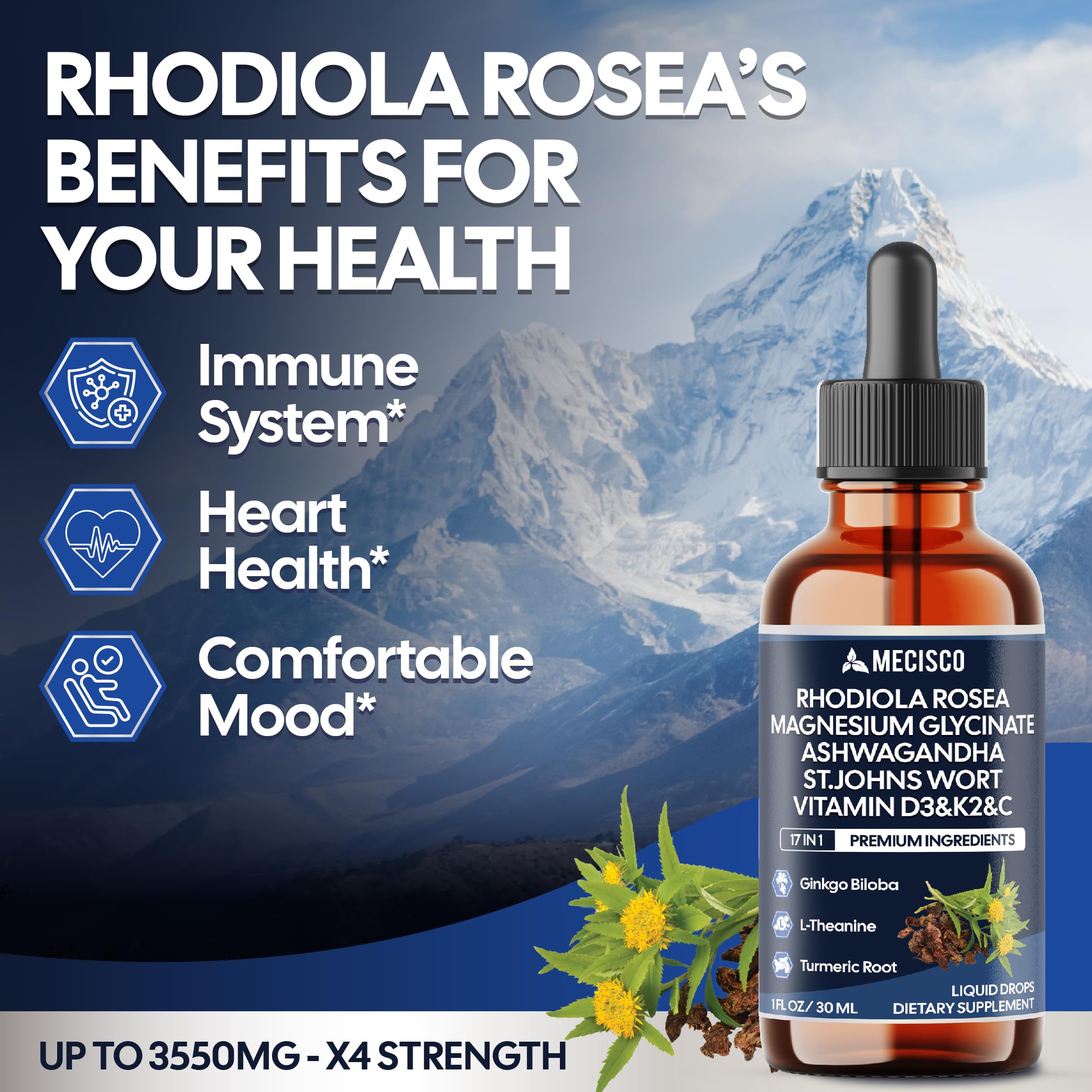 17in1 Rhodiola Rosea Liquid Drops with blend Ashwagandha Magnesium, L-Theanine. Ultra Strength Rhodiola Cortisol Supplement, Rhodiola Root for Support Relaxation, Mood, Energy - 1 FL Oz - 60 Day MeciscoAu supplements