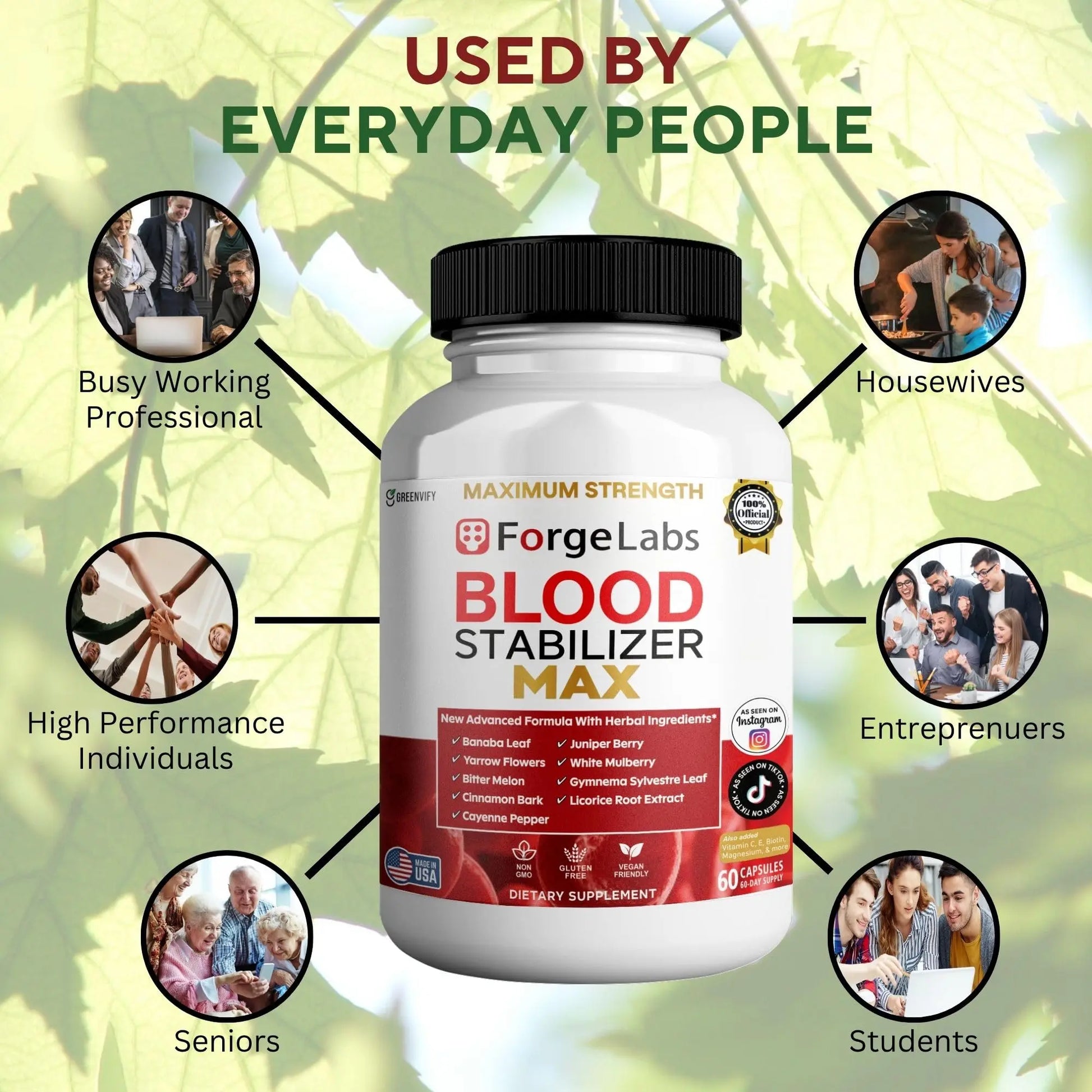 GREENVIFY ForgeLabs Blood Stabilizer Max, Maximum Strength Dietary Supplement, 60 Veggie Capsules, with Banaba Leaf, Juniper Berry, White Mulberry. (1) GREENVIFYnz supplements