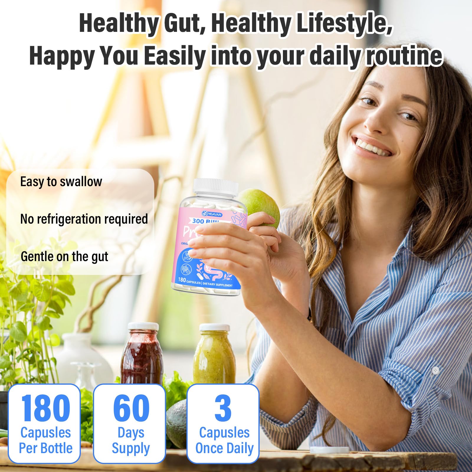 (180 Capsules) Probiotics for Women & Men, 5-in-1 Probiotic, Prebiotic, Postbiotic, Organic Herbs & 16 Digestive Enzymes Blend, 300 Billion CFU, Complete Gut Health, Digestive Health & Immune* NisavainAu supplements