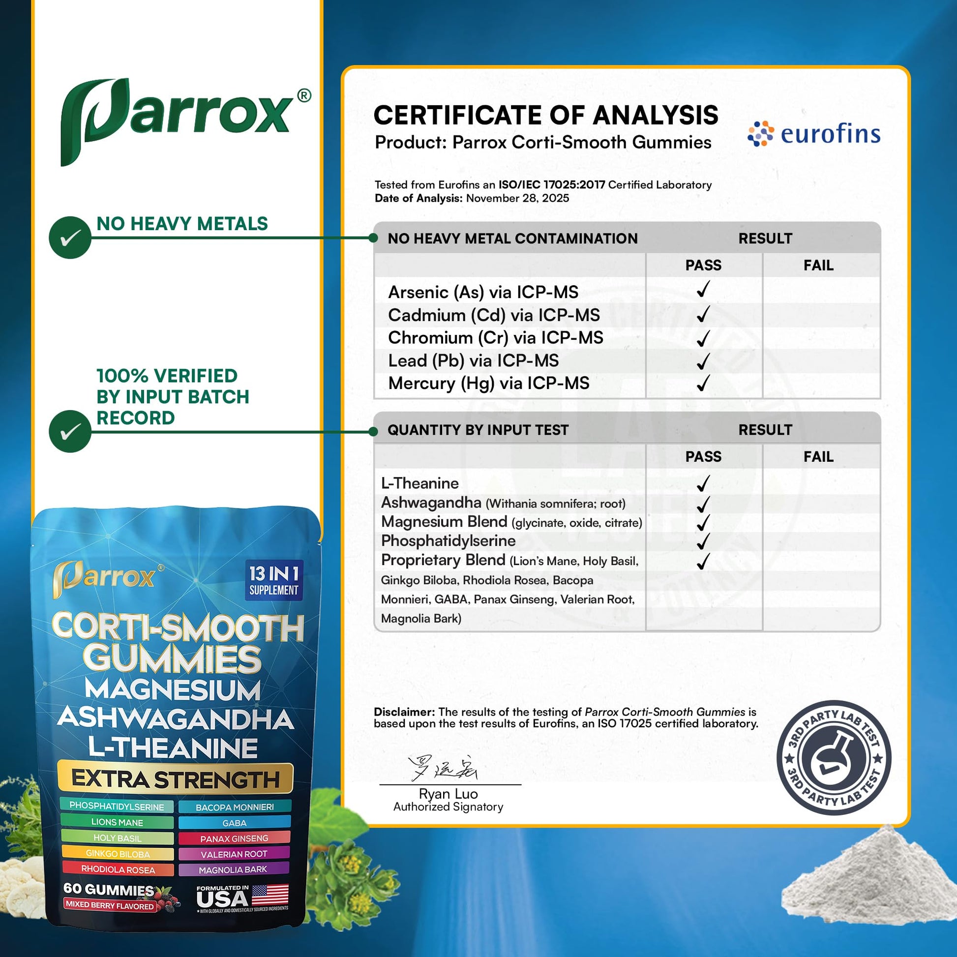 Parrox Corti-Smooth Cortisol Support Gummies with Magnesium, L-Theanine, Ashwagandha, Phosphatidylserine, Bacopa Monnieri, Lions Mane, Ginkgo Biloba, Valerian Root (60 Gummies - Mixed Berry Flavor) ParroxAu supplements