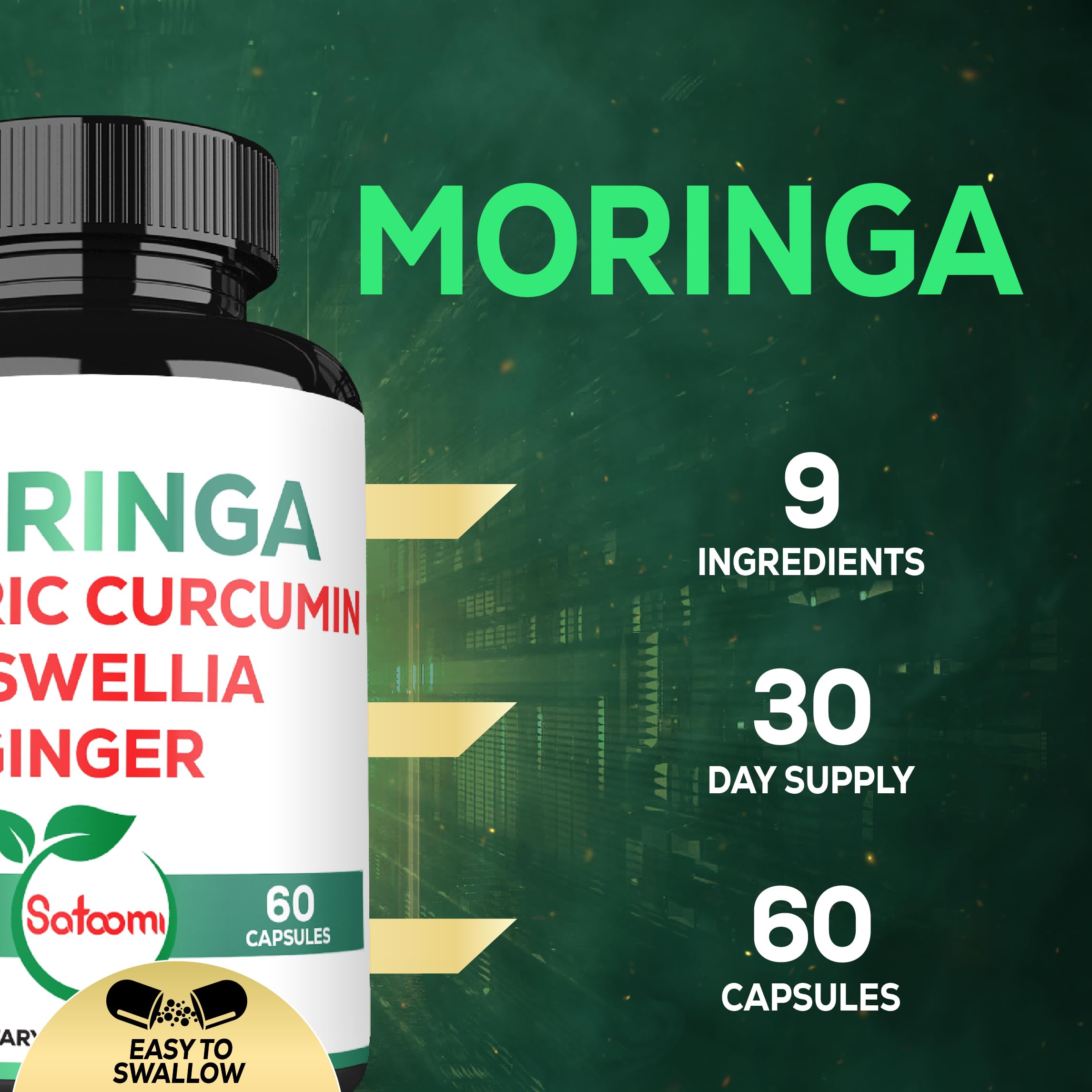 Satoomi 9in1 Moringa Capsules - Featuring Moringa, Turmeric, Boswellia, Ginger, Ashwagandha, Ceylon Cinnamon and Milk Thistle, and Resveratrol | Support Mood, Heart & Overall Health - 60 Count SatoomiAu supplements