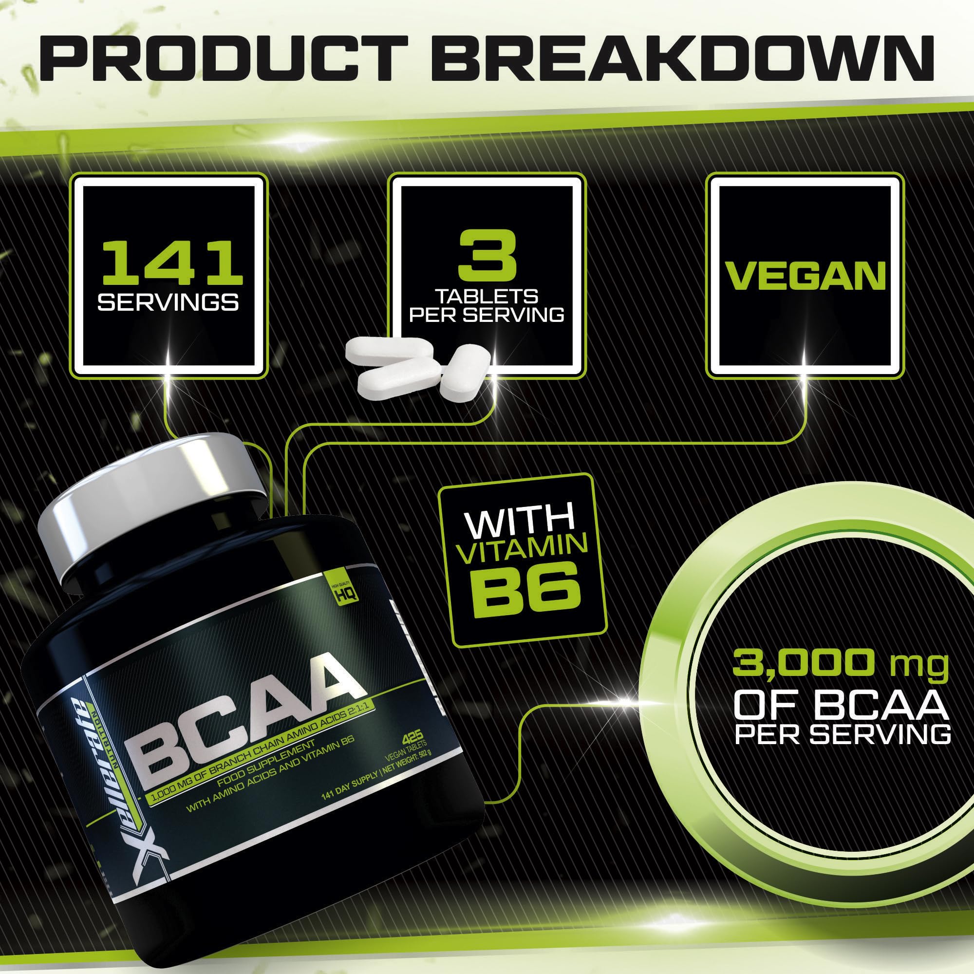 BCAA 1000mg - 425 Vegan Tablets - 3000mg Daily Serving - 141 Day Supply - 2:1:1 BCAAs Xellerate NUTRITIONUS supplements