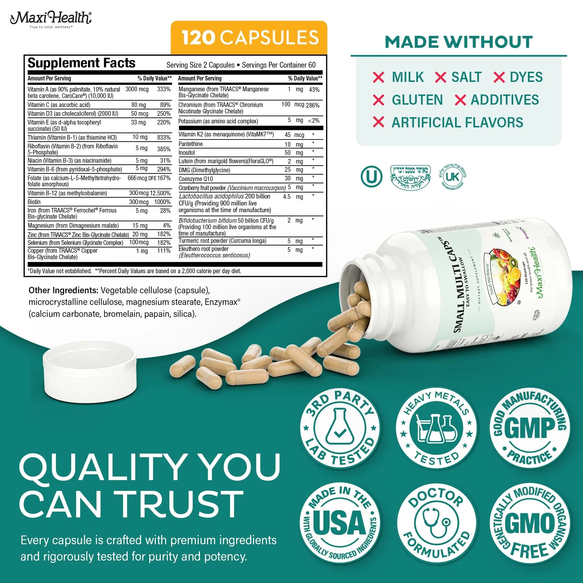 Maxi Health Multivitamin – Easy to Swallow Multi Vitamin Capsules with 30 Nutrients, Iron & Probiotics – Kosher Daily Multivitamins Small Capsules Maxi HealthAu supplements