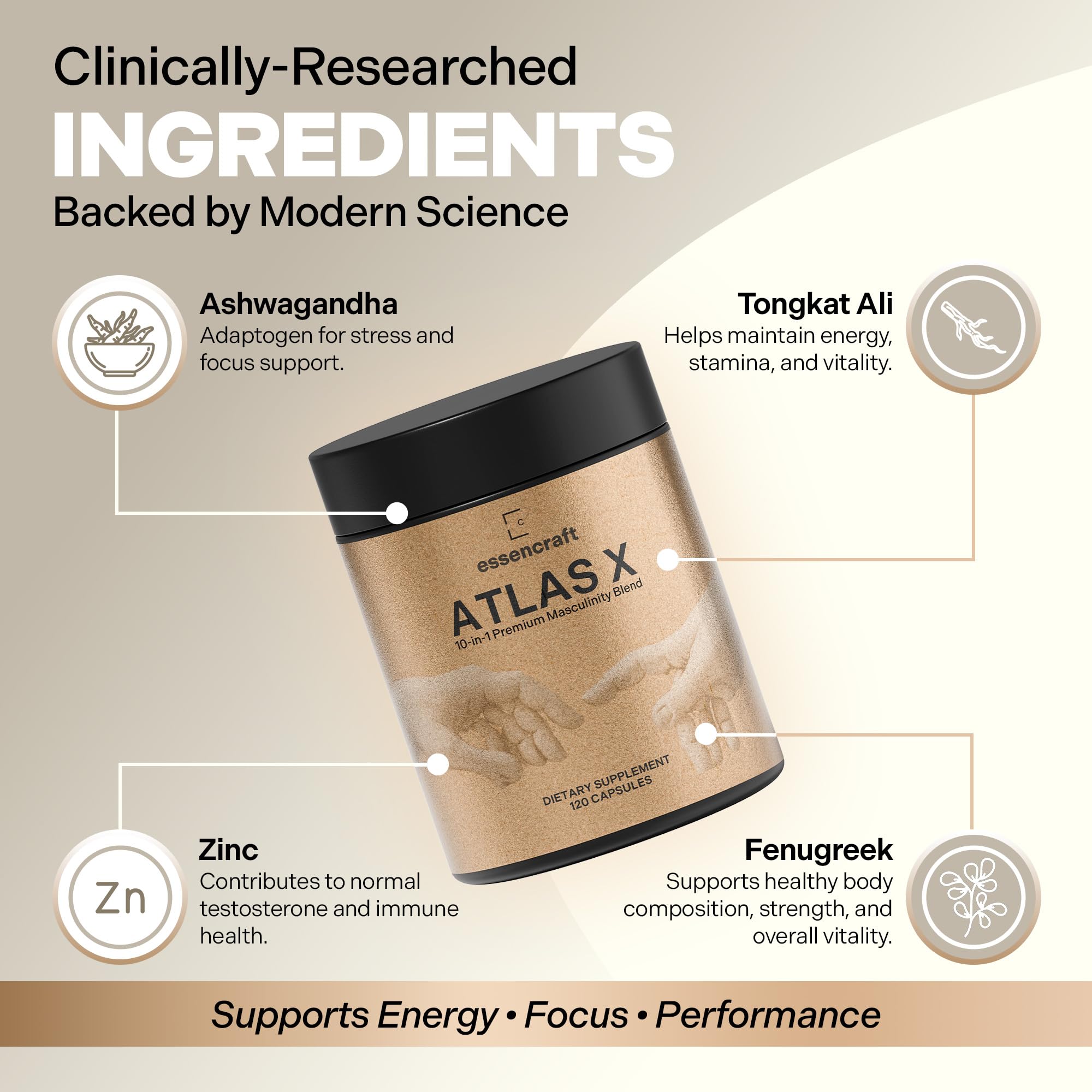 Essencraft Atlas X Testosterone Supplement for Men – 10-in-1 Natural Testosterone Booster & Muscle Booster w/Shilajit, Zinc, Tongkat Ali, & More (120 Capsules) EssencraftAu supplements