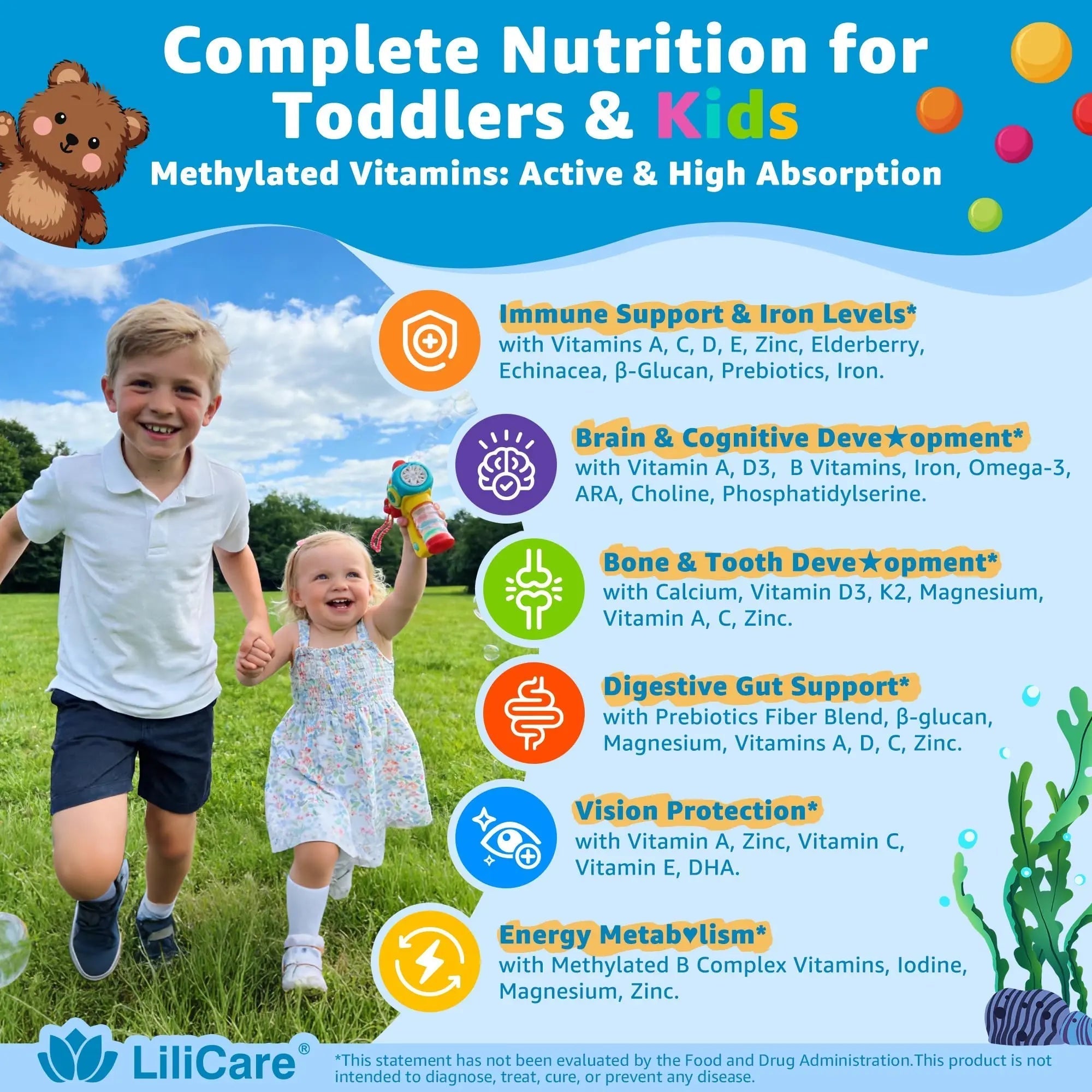 Toddler Multivitamin Gummies with Iron, Omega-3, ARA, Calcium, Prebiotic | Methylated Vitamins for Kids Ages 2+ | Overall Support | LILICAREAu supplements