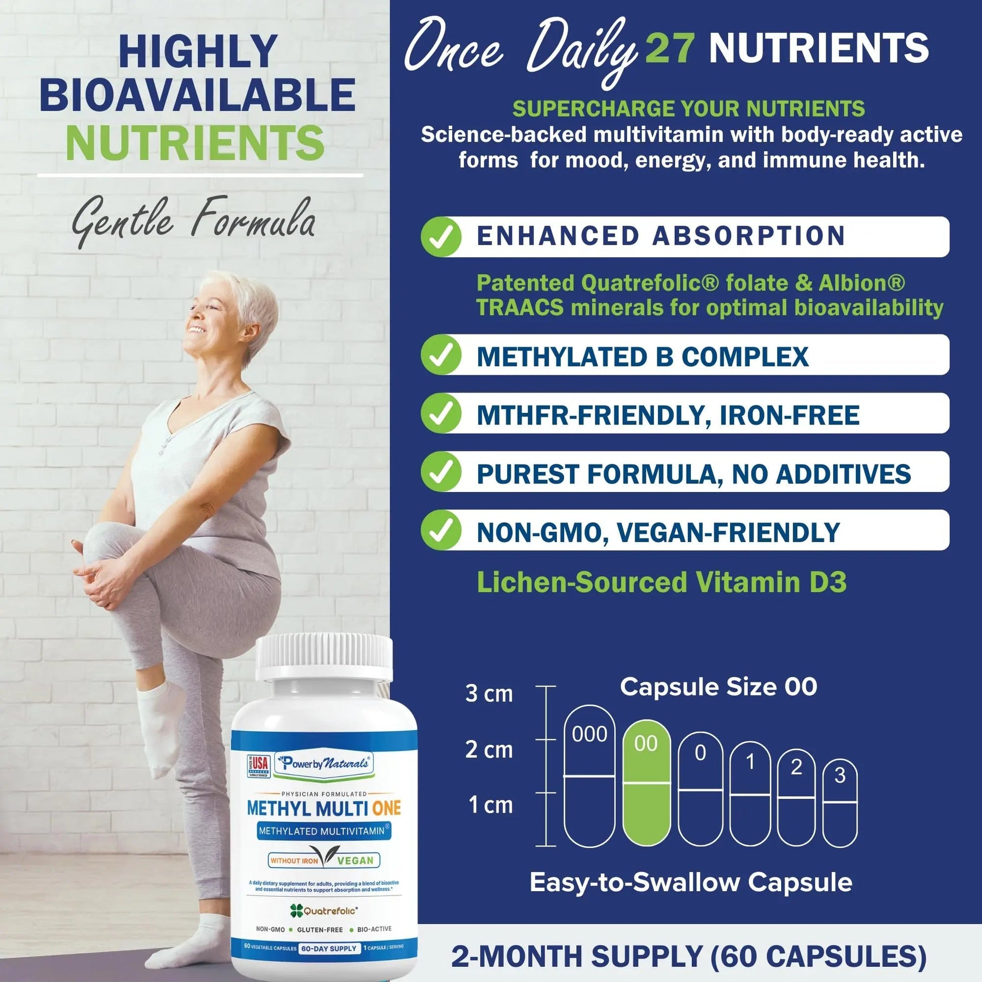 Power By Naturals Methyl Multi One - Iron-Free Methylated Multivitamin with Quatrefolic 5-MTHF, Active B12, P5P, CoQ10 & Zinc for MTHFR Support Power By NaturalsAu supplements