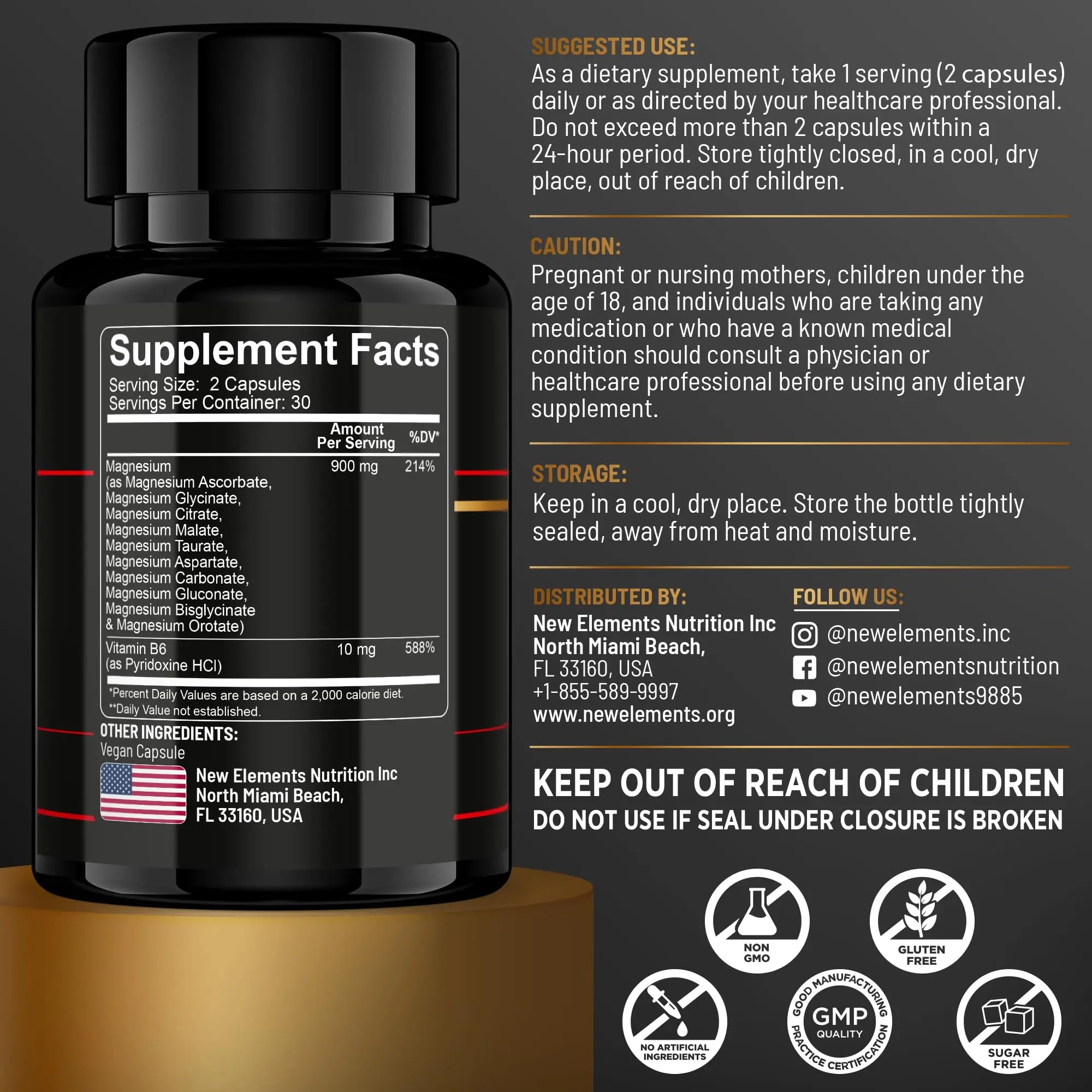Magnesium 10X Complex – 900mg Elemental Magnesium | Glycinate, Gluconate, Malate, Orotate, Carbonate, Asparate, Taurate, Citrate, Bisglycinate, Ascorbate + Vitamin B6 for Superior Absorption New Elementsnz supplements