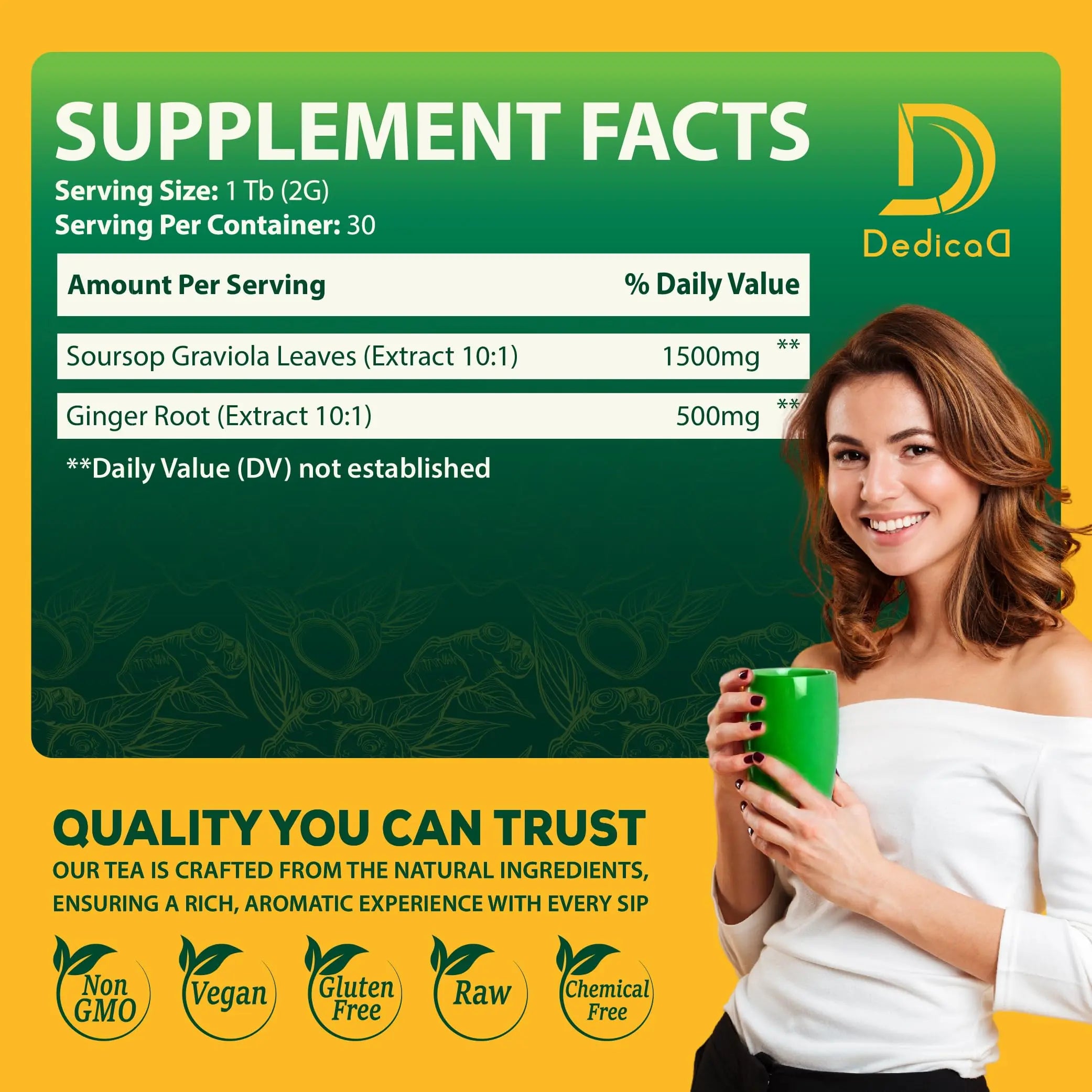 DEDICAD Soursop Leaves Tea Bags with Ginger, 30 Tea bags, 2gr/bag - Non-GMO/Caffeine free - Support Digestion, Well Skin, Immune System DEDICADnz supplements