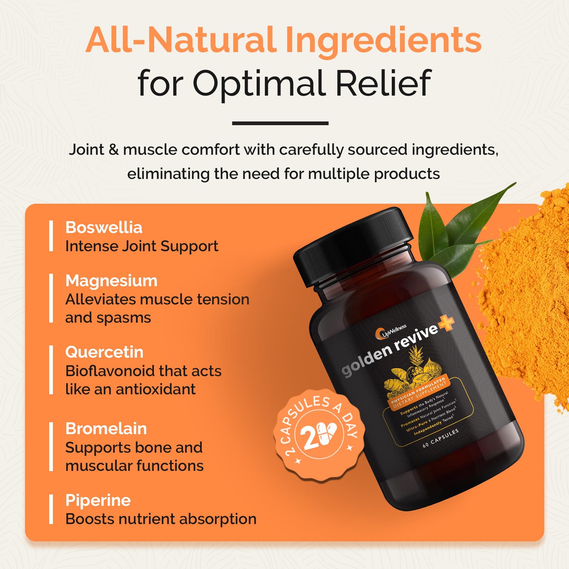 UpWellness Golden Revive + Joint Support Supplement Featuring Turmeric with Black Pepper, Quercetin, and Magnesium- Turmeric Boswellia Supplement - 6 Active Ingredients - 60 Capsules, 5 Pack UpWellnessAu supplements