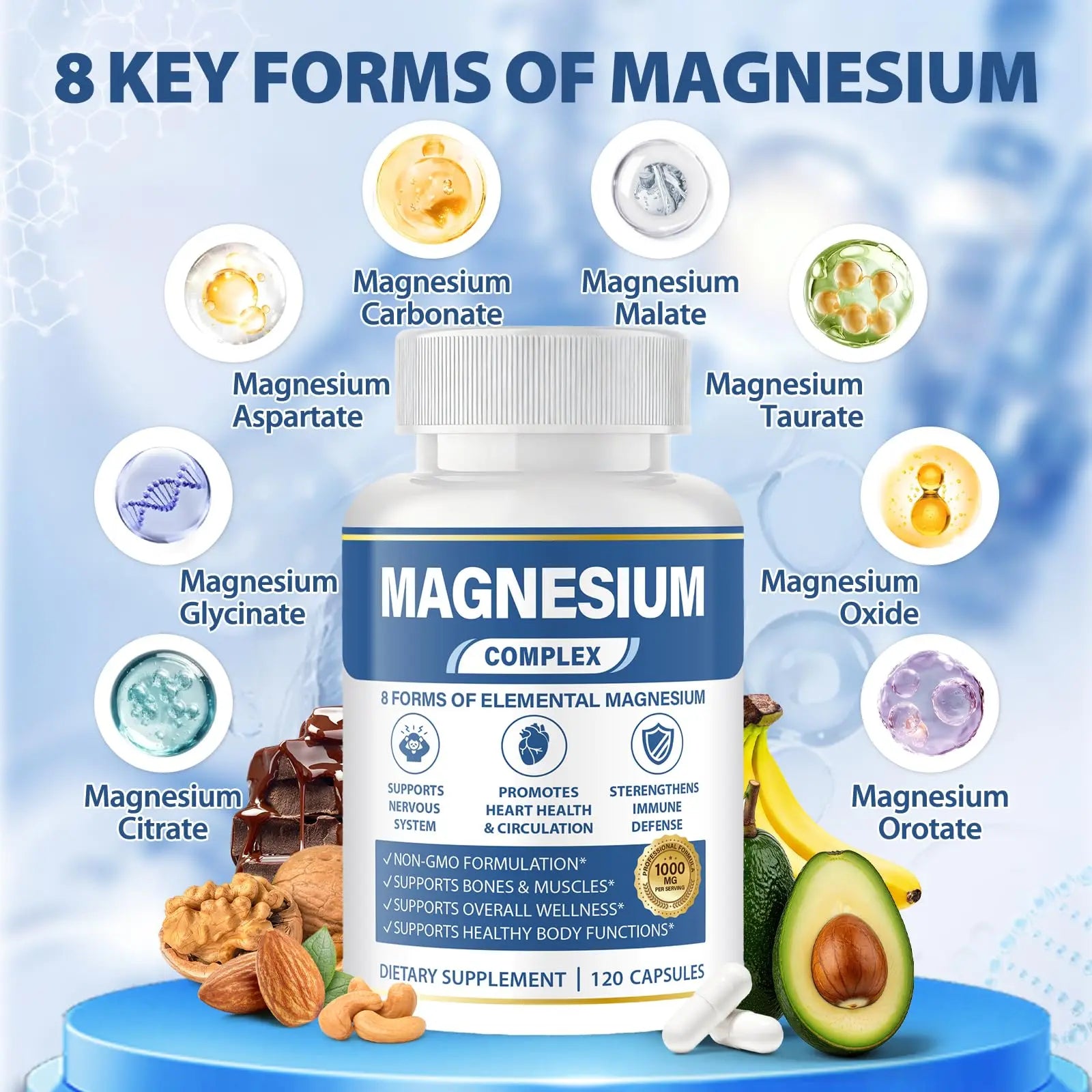 1000mg Magnesium Complex 8 in 1 for Women & Men – Magnesium Glycinate, Citrate, Malate, Taurate, Oxide, Carbonate, Aspartate, Orotate – Vegan Non-GMO, for Sleep, Fatigue & Heart Health, 120 Capsules BOSNETHUINHnz supplements
