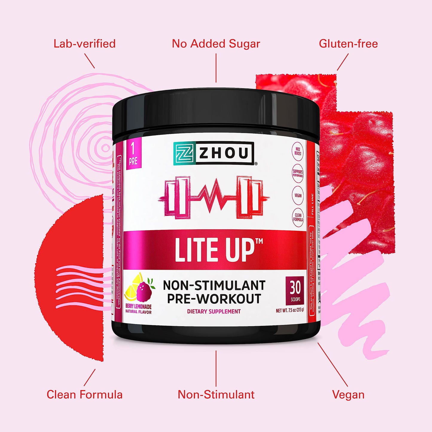 Zhou Nutrition Lite Up, Non-Stimulant Pre Workout Powder, Caffeine Free Nitric Oxide Zhou NutritionUS supplements
