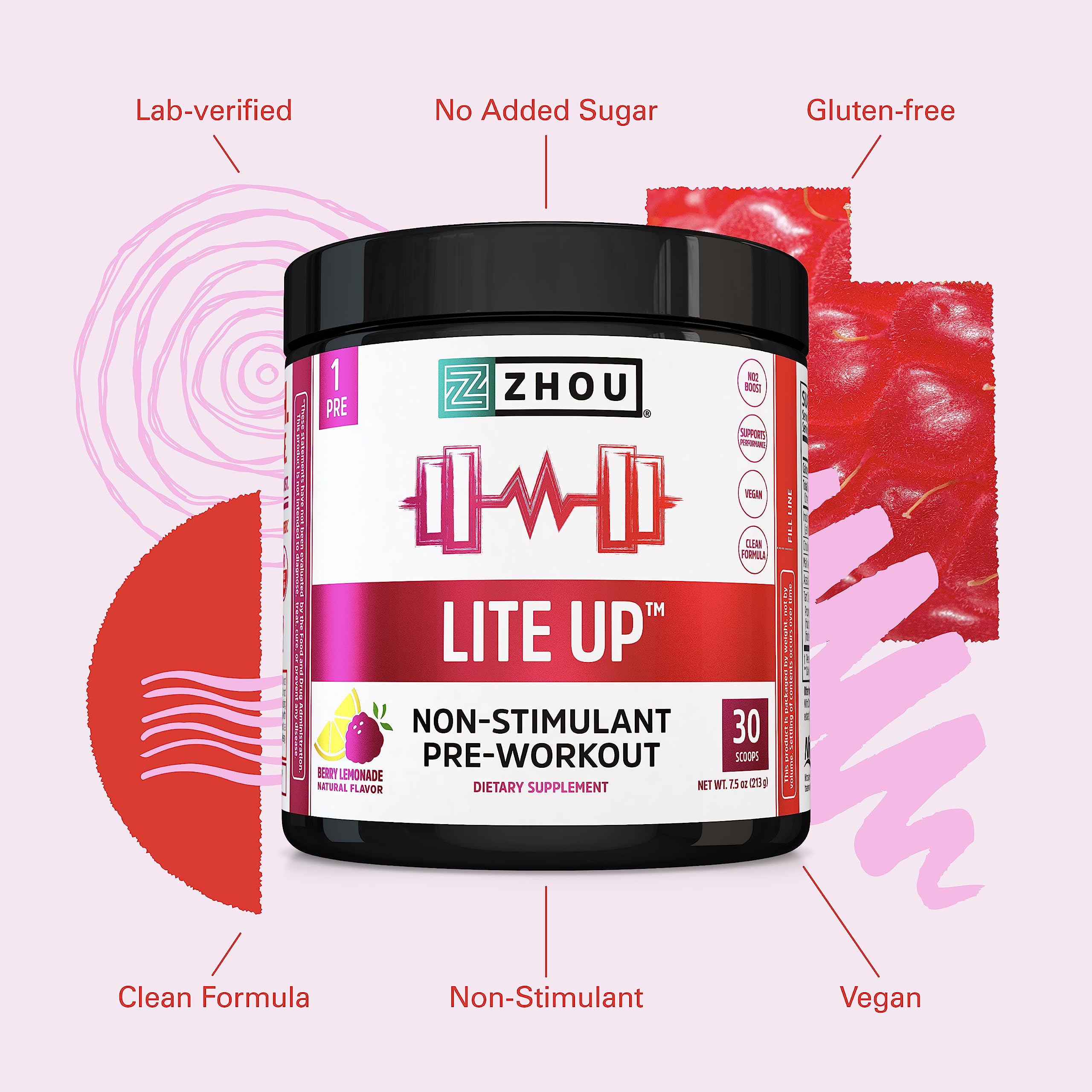 Zhou Nutrition Lite Up, Non-Stimulant Pre Workout Powder, Caffeine Free Nitric Oxide Zhou NutritionUS supplements