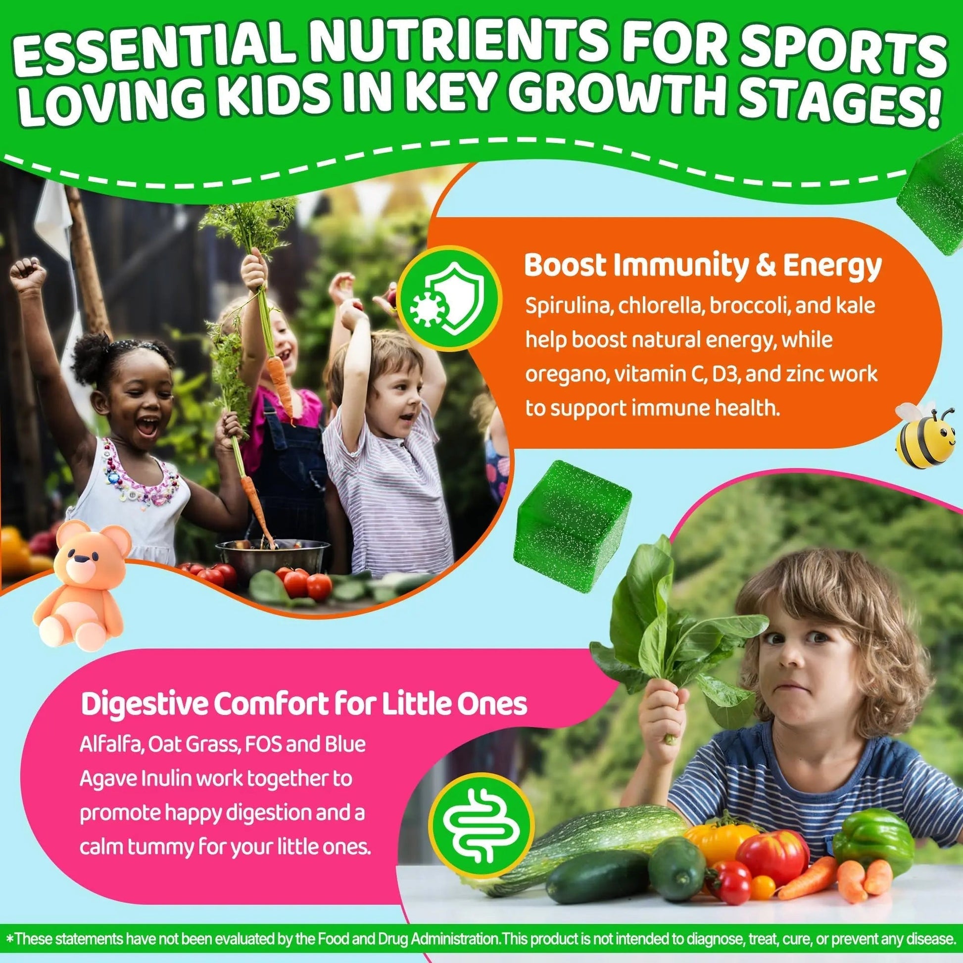 Kids Super Greens Gummies, w/Multivitamins, Spirulina, Chlorella, Spinach, Broccoli, Calcium, Omega-3 (DHA/EPA) EnvyCureAu supplements
