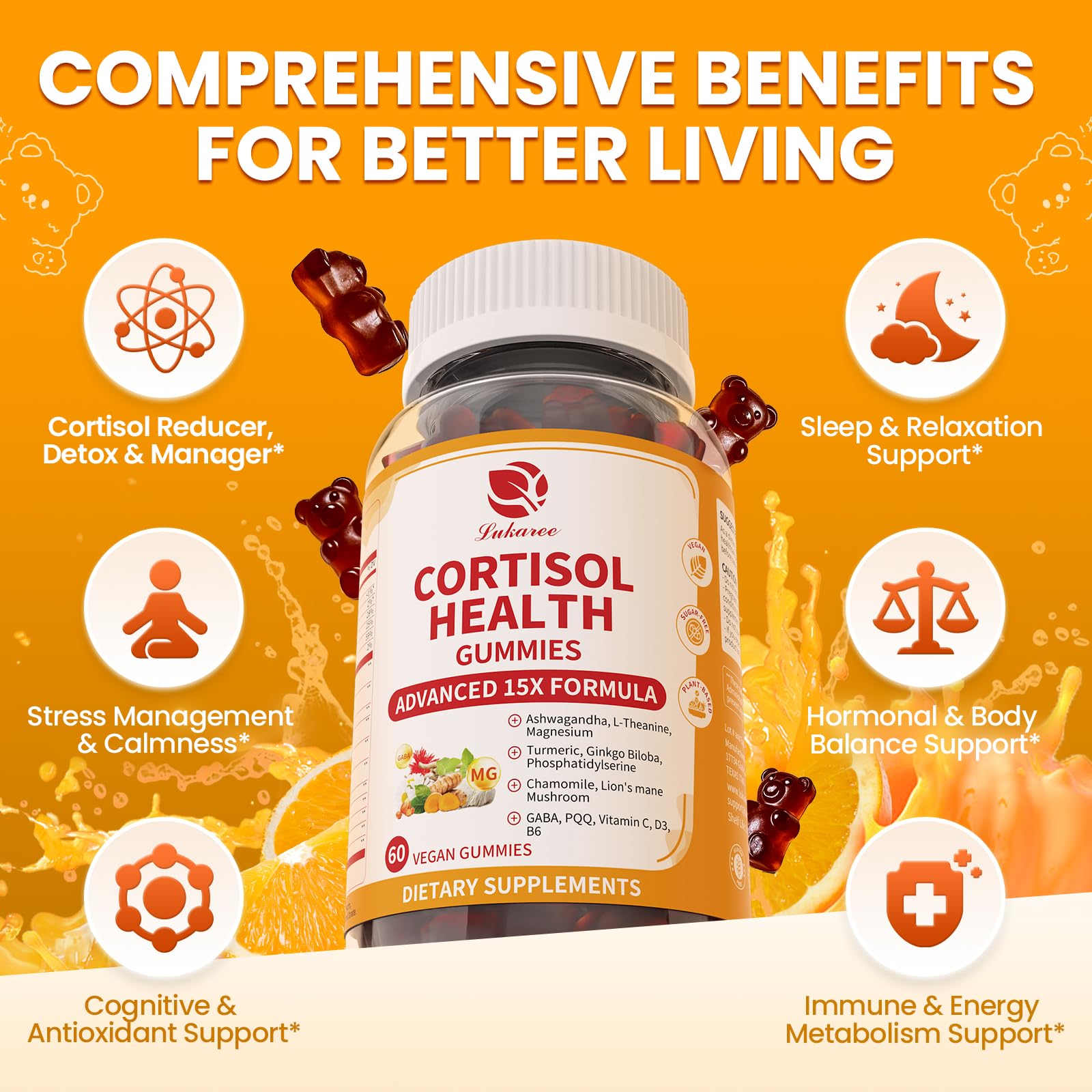 Lukaree Cortisol Supplements for Women & Men, 15 in 1 Cortisol Reducer Manager, Cortisol Calm Gummies with Ashwagandha, Magnesium, L-theanine, GABA - for Mood, Focus, Sleep - Vegan Sugar Free, 60 Ct. LukareeAu supplements
