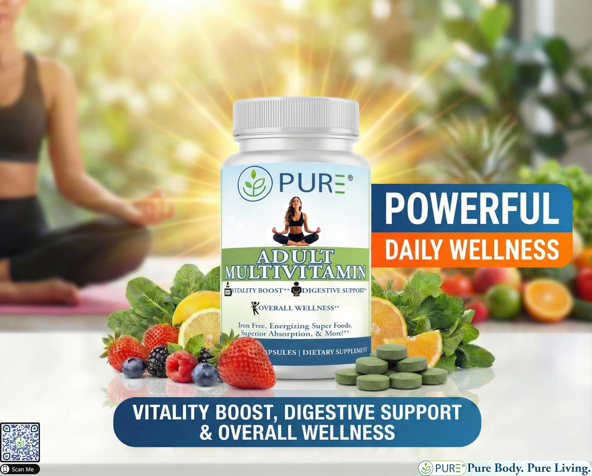PURE Adult Multivitamin with Vitamins A, C, D3, B12, Minerals, Digestive Enzymes, 90 Capsules, 30 Servings PUREUS supplements