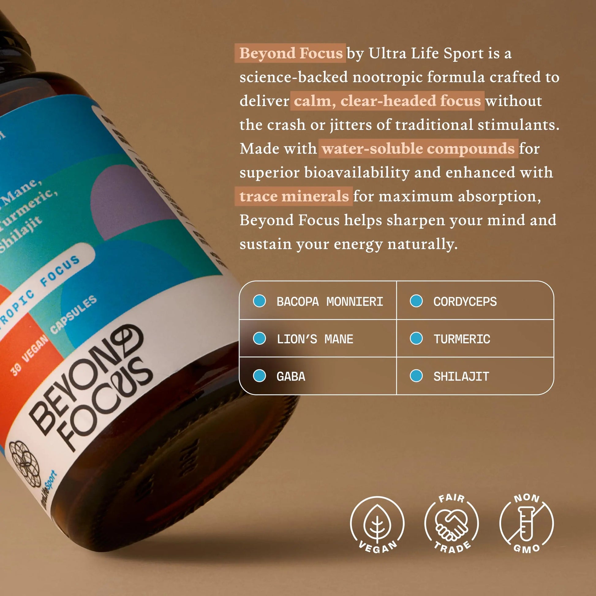 Ultra Life Sport - Beyond Focus Organic Mushroom Supplement - 30 Capsule Brain Supplements for Memory and Focus - 100% Vegan, Non-GMO - Memory Booster with Bacopa, Cordyceps, & Lion’s Mane Ultra Life Sportnz supplements