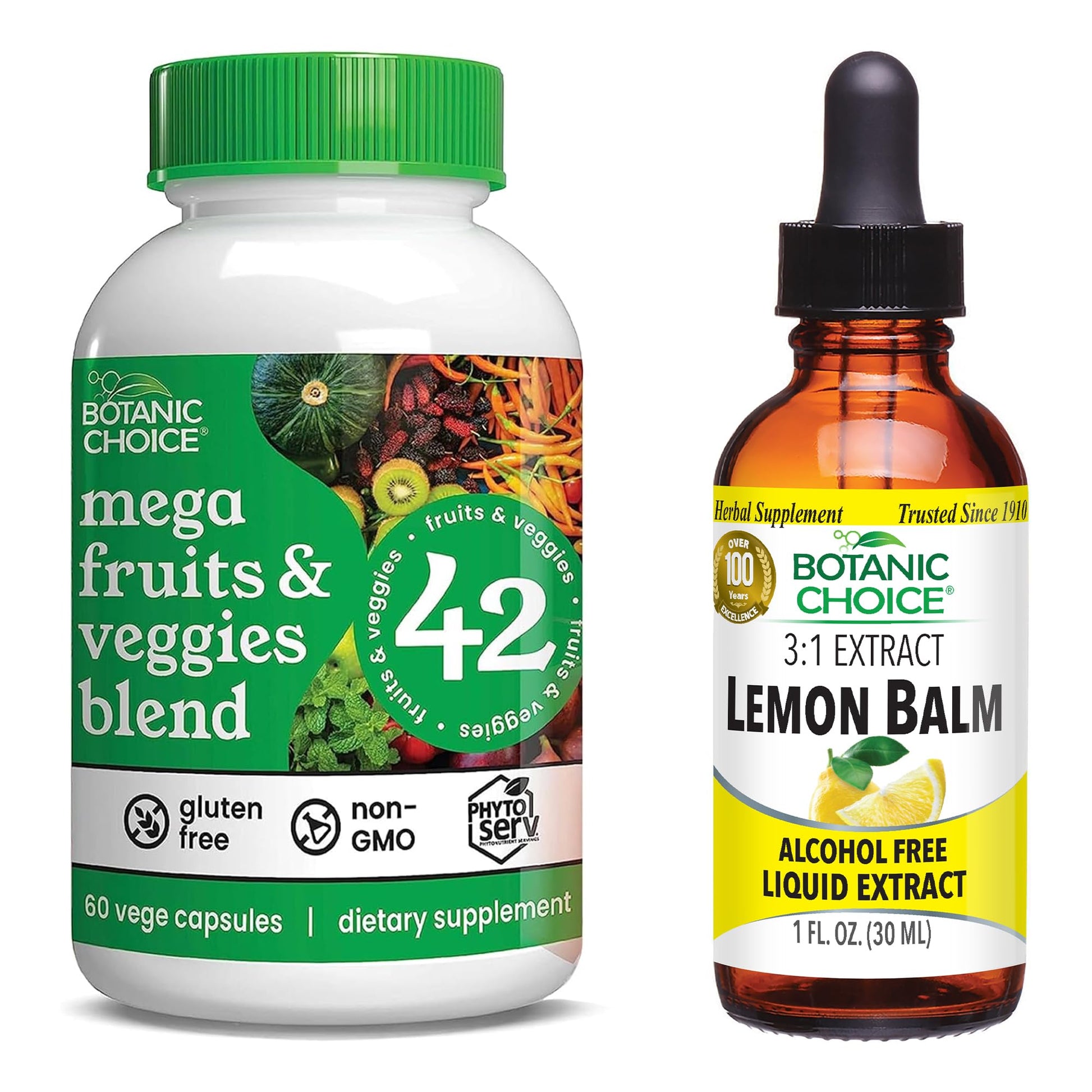 Botanic Choice Mega Fruits and Veggies Blend (60 Capsules) + Lemon Balm Tincture (1 fl oz) Bundle - Energy Balance & Superfood Supplement + Relaxation and Sleep Support Botanic ChoiceAu supplements