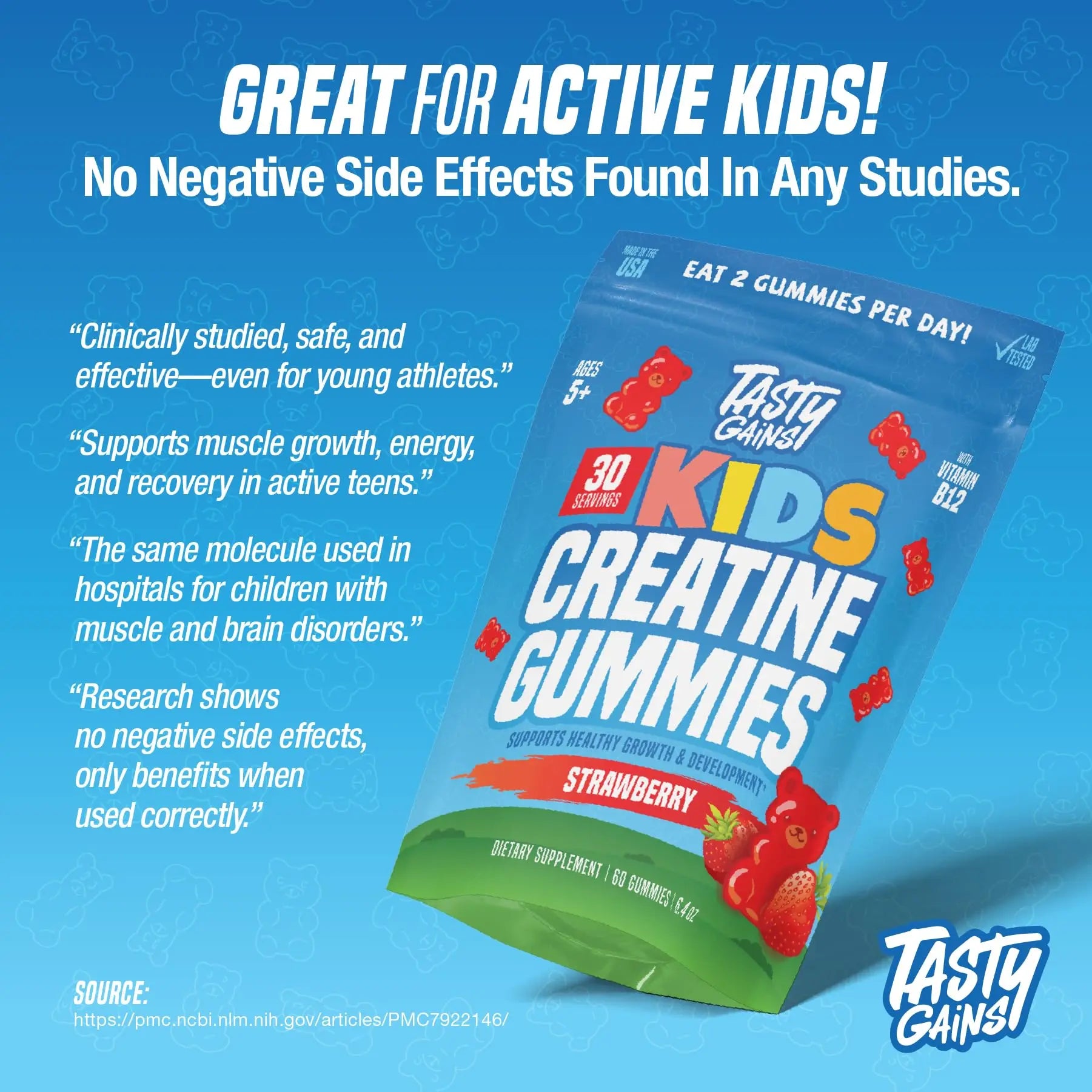 TASTY GAINS Kids & Teen Creatine Gummies with Vitamin B12 for Growth Support, Easy Chew Daily Supplement, Gummy Vitamins for Kids and Teens, Ages 5+ TASTY GAINSnz supplements