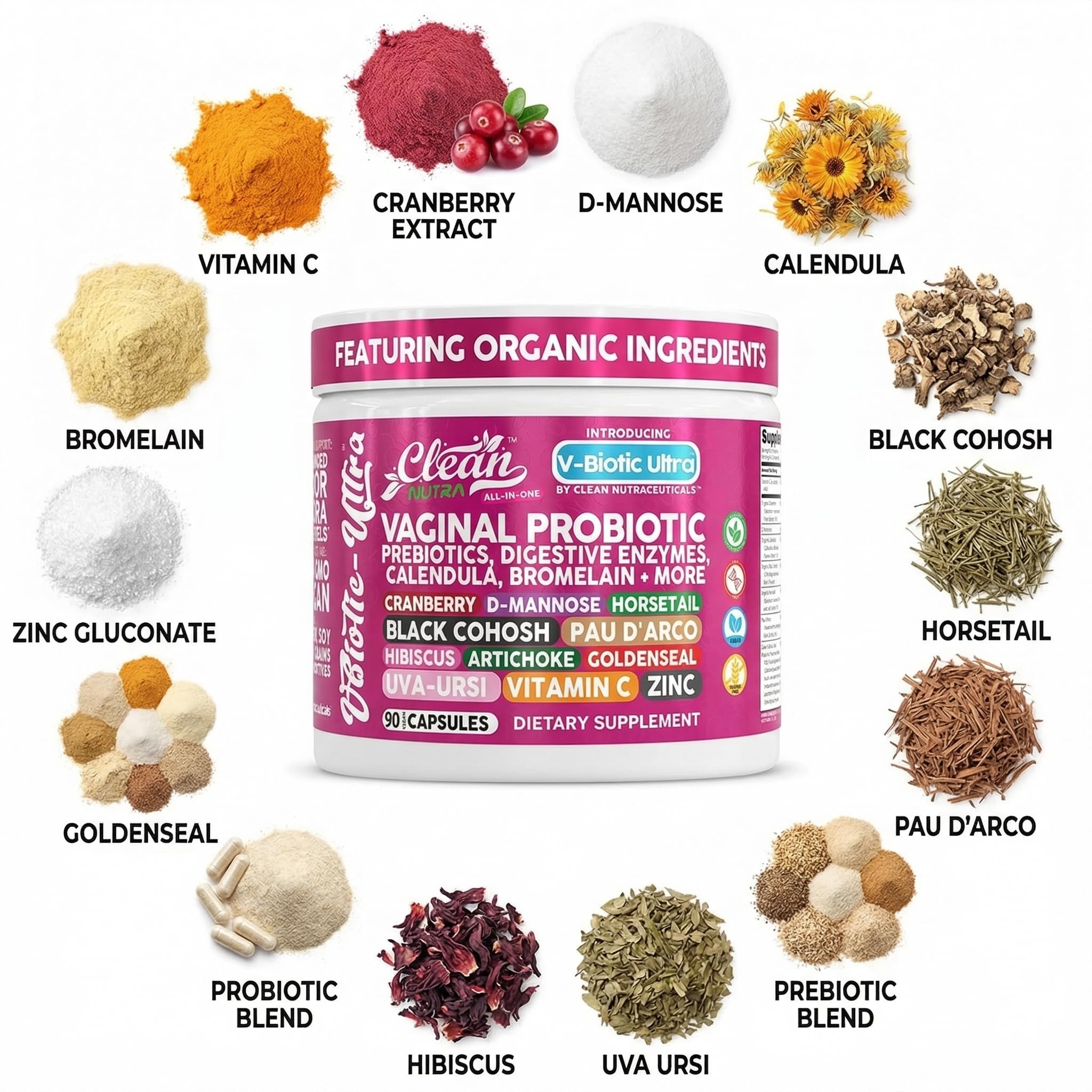 Clean Nutra Vaginal Probiotics for Women + Prebiotics Digestive Enzymes Bromelain Cranberry D Mannose Horsetail Black Cohosh Artichoke Hibiscus Flowers Probiotic for Digestive Health 90 Vegan Capsules Clean NutraceuticalsAu supplements