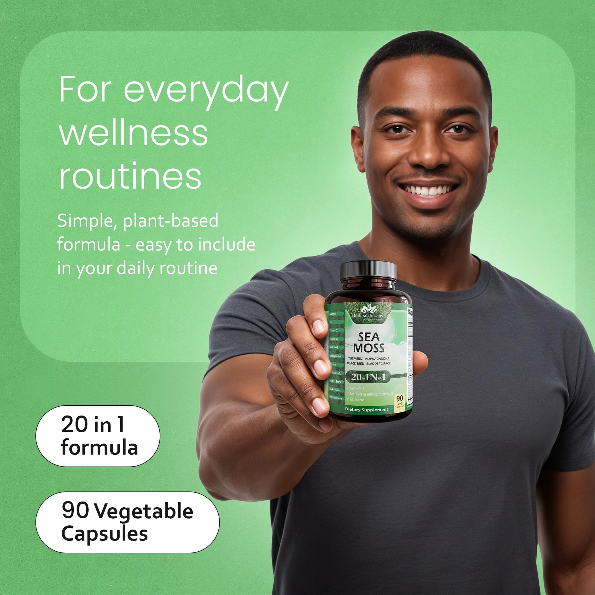 Sea Moss, Black Seed Oil, Bladderwrack, Turmeric, Ashwagandha, Burdock, Vitamin C, D3, Yellow Dock Root, Manuka, Dandelion - 90 Veggie caps NaturaLife LabsAu supplements