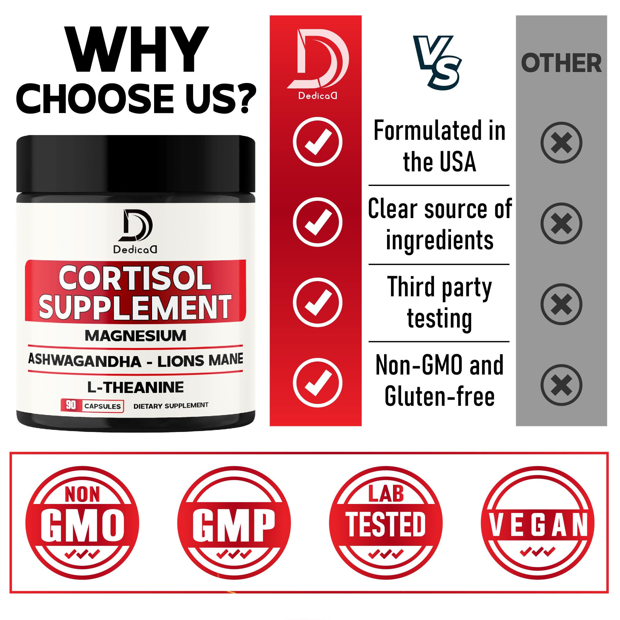 DEDICAD 9in1 Cortisol Supplement - Ashwagandha and Magnesium Glycinate and Chelate - Brain Health & Restful Night & Mood Balance - 90 Capsules Supply 45 Days DEDICADAu supplements