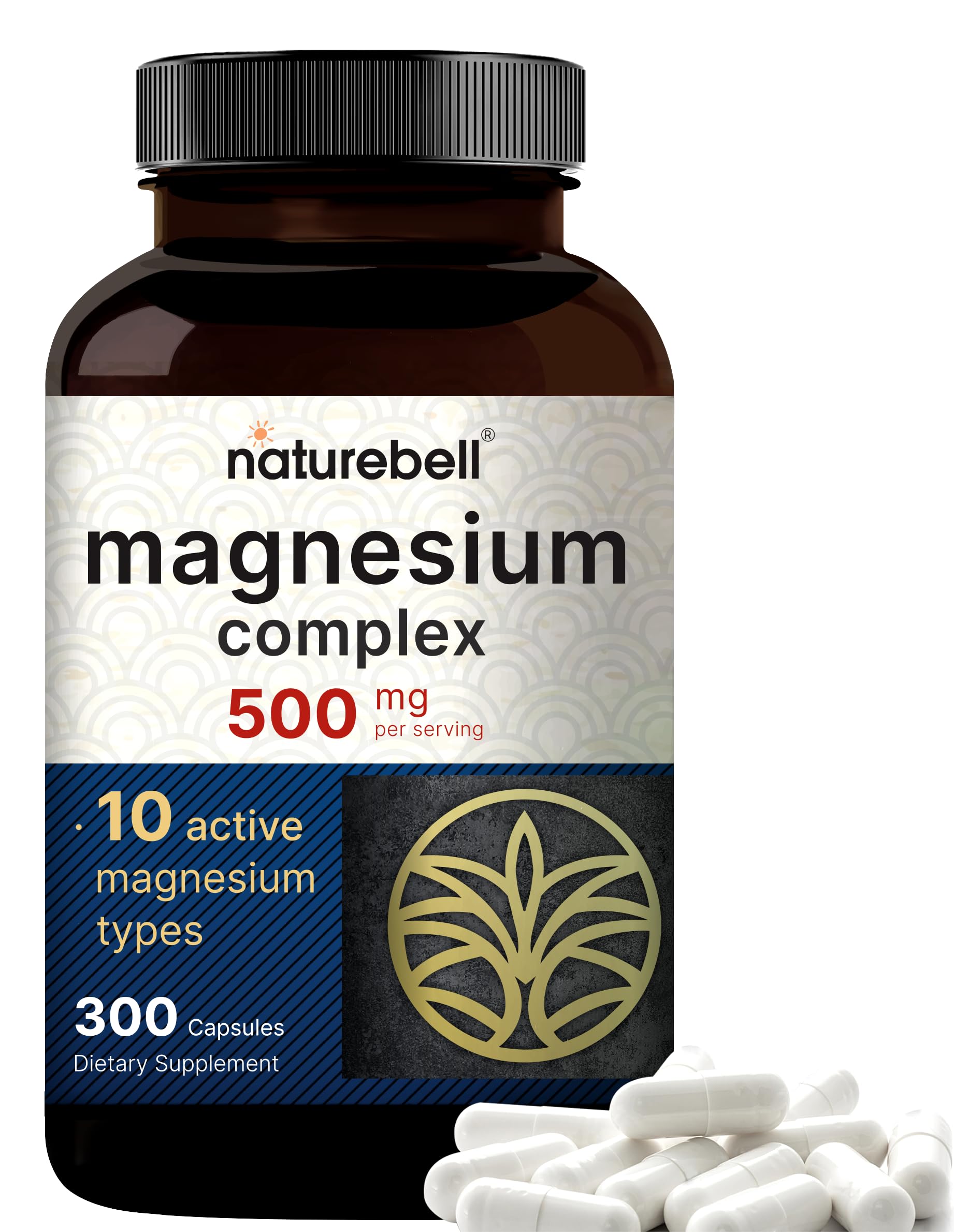 Magnesium Complex 500mg, 300 Capsules | 10-in-1 Magnesium Glycinate, Citrate, Malate & More | Chelated Form for Easy Absorption | Non-GMO NatureBellAu supplements