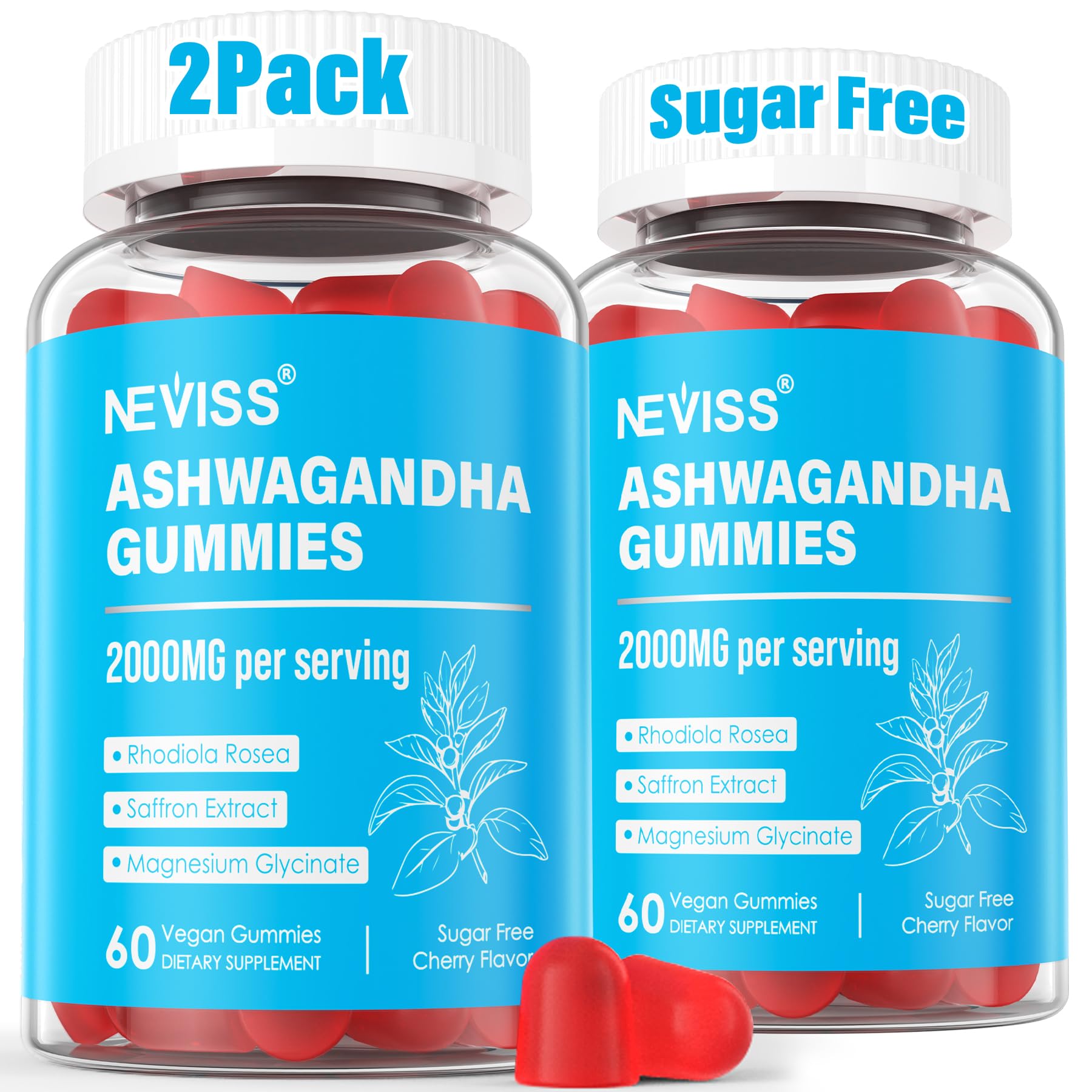 Ashwagandha Gummies, Magnesium Glycinate Gummies 2000mg for Adults, Vitamin B6, Zinc, Rhodiola Rosea, Lemon Balm, Relaxation Support, Natural Zzz, Brain, Muscle, Stamina, Energy, Sugar Free NEVISSAu supplements