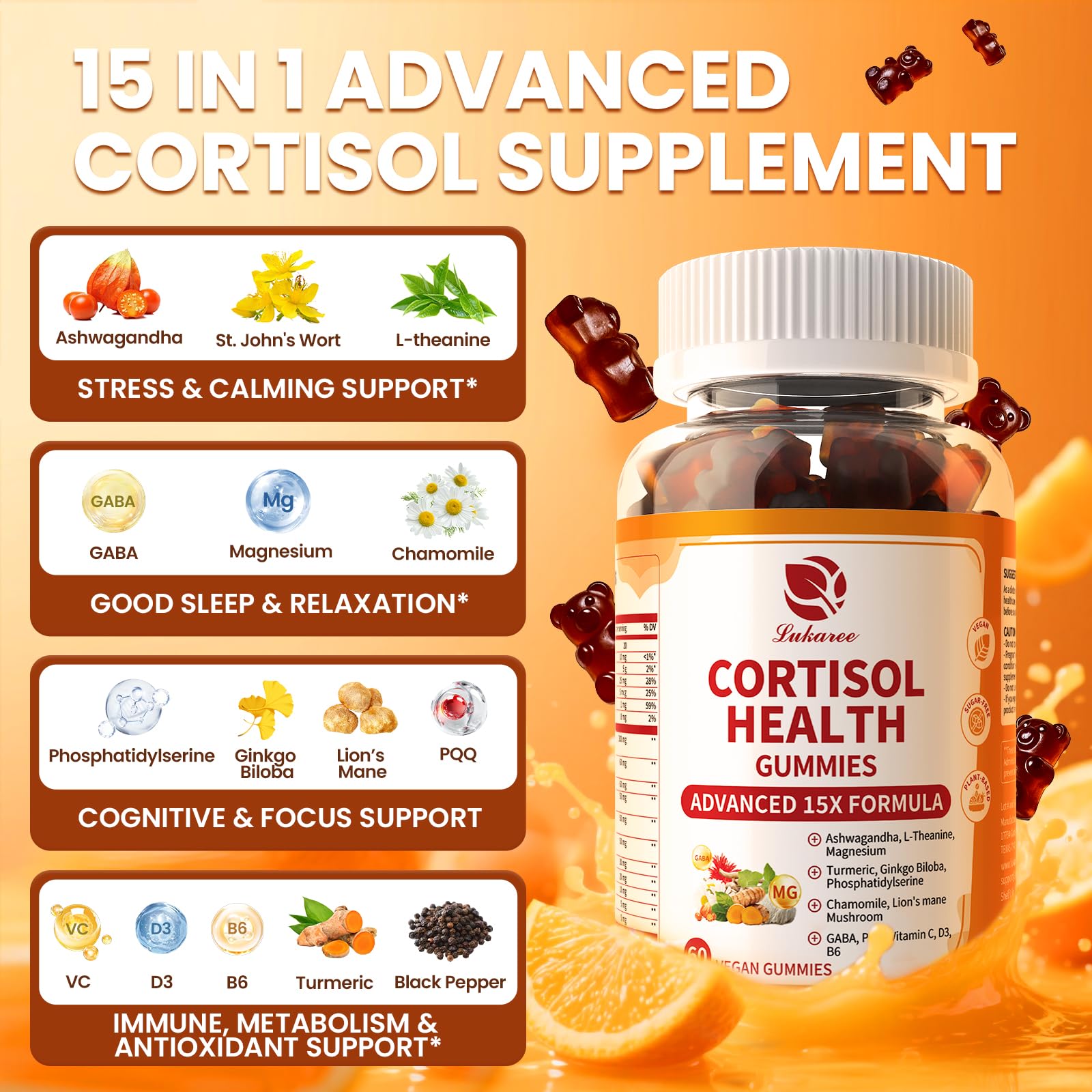 Lukaree Cortisol Supplements for Women & Men, 15 in 1 Cortisol Reducer Manager, Cortisol Calm Gummies with Ashwagandha, Magnesium, L-theanine, GABA - for Mood, Focus, Sleep - Vegan Sugar Free, 60 Ct. LukareeAu supplements