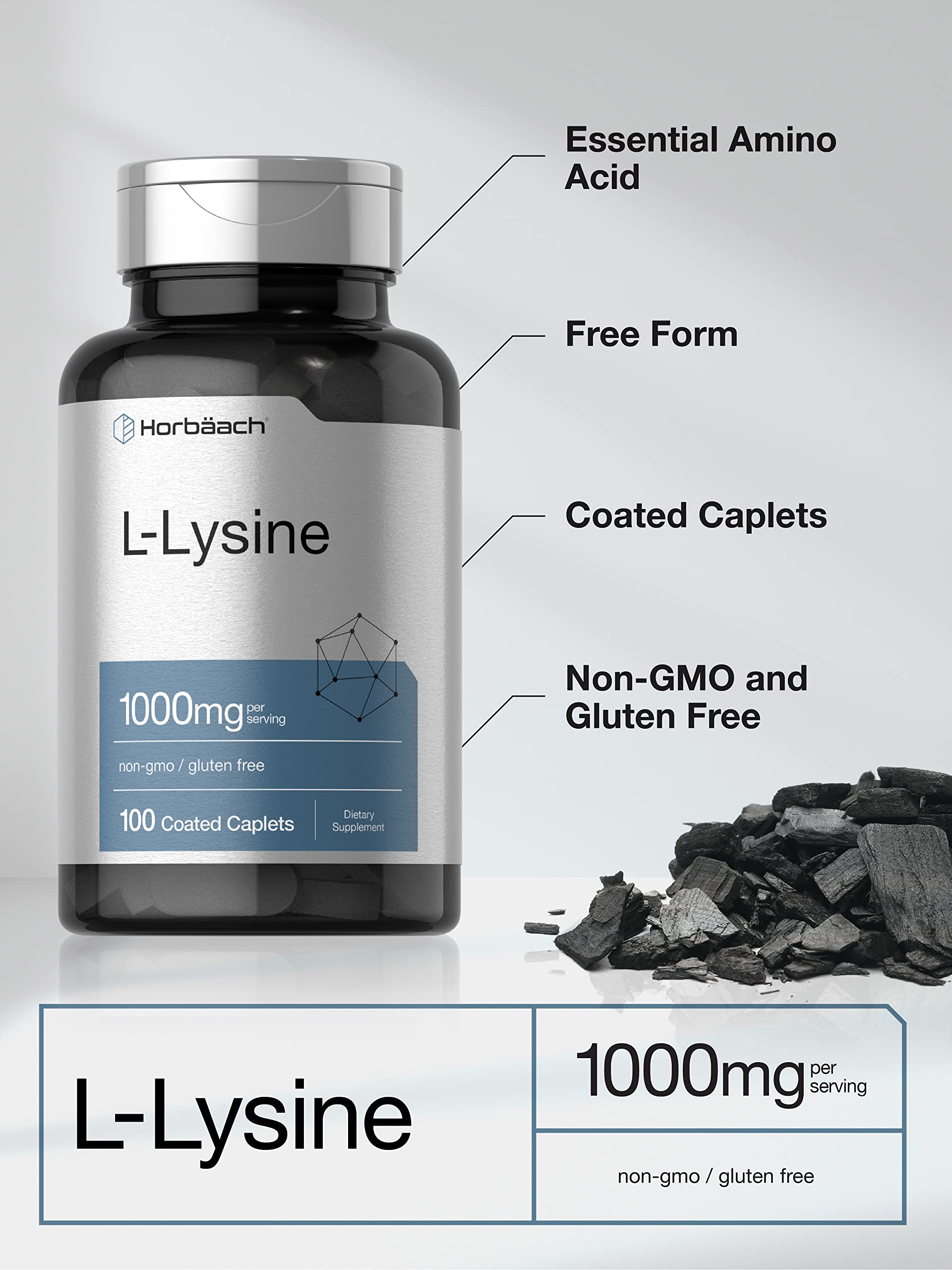 L-Lysine 1000mg | 100 Coated Caplets | Free Form Dietary Supplement | Vegetarian HorbäachAu supplements